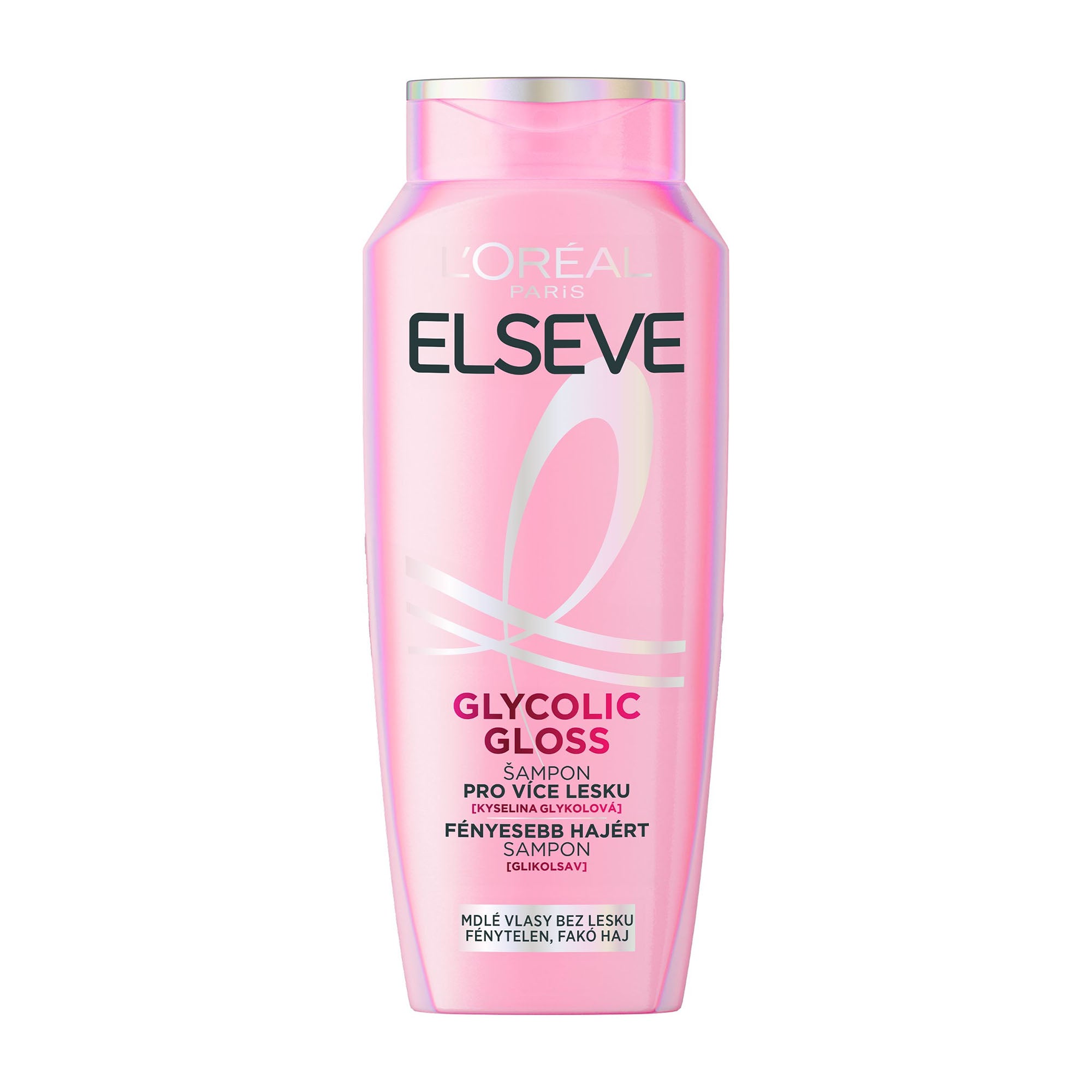 L'Oreal Elseve Glycolic Gloss shine boosting shampoo bottle on a white background.