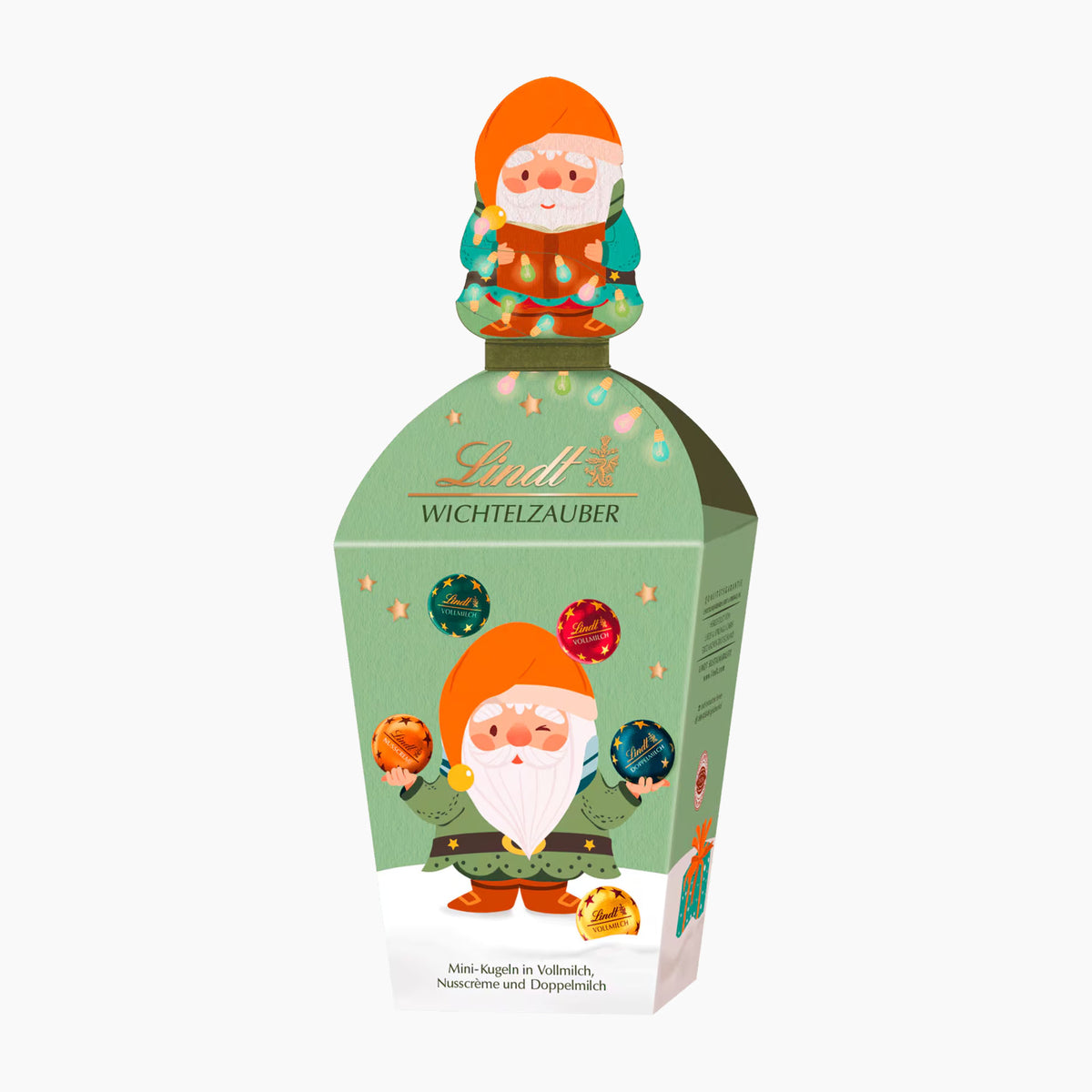 Lindt Wichtelzauber Gnome Magic Tube chocolate pralines gift box with a 3D santa figure on top, on a plain white background.