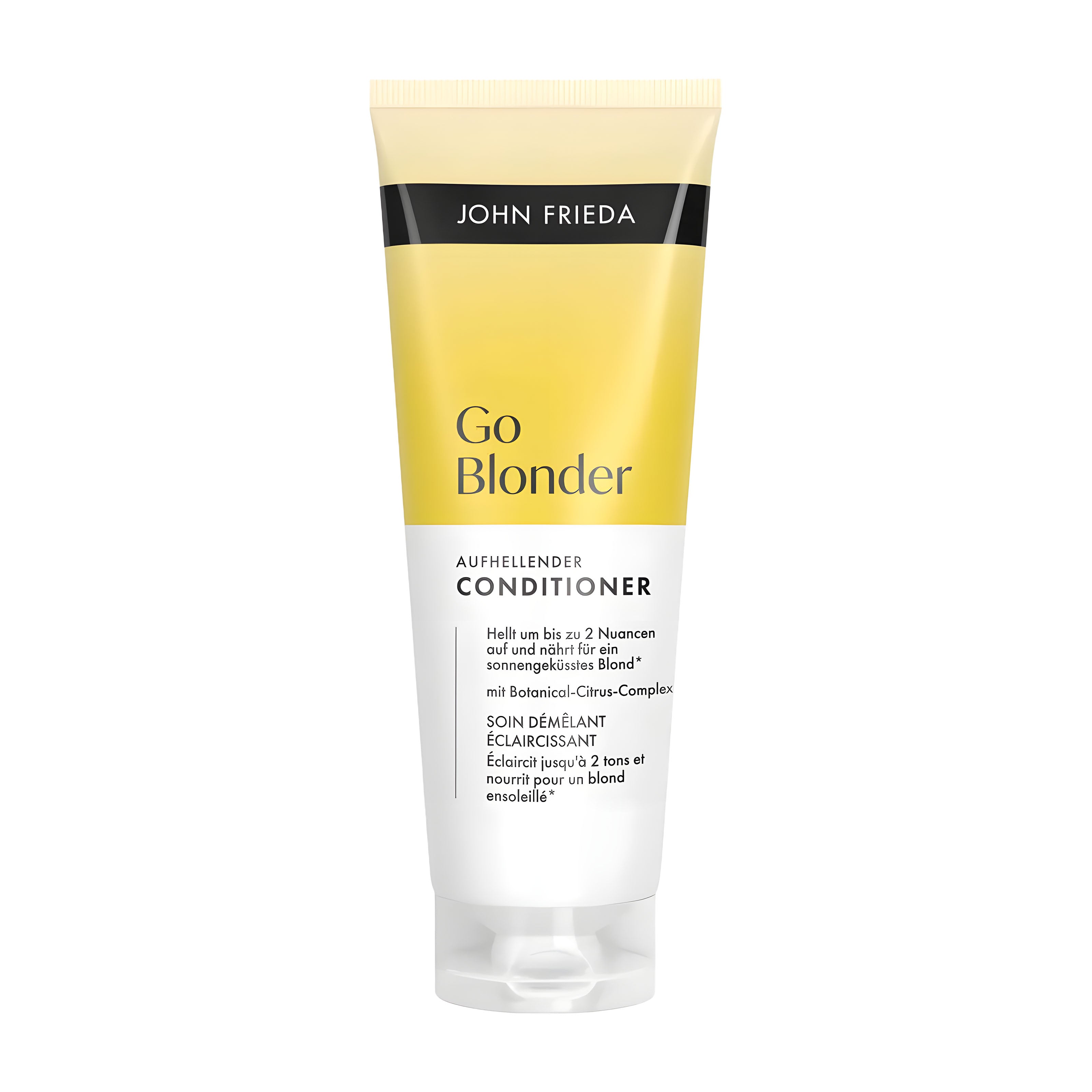 John Frieda Go Blonder lightening conditioner tube on a white background
