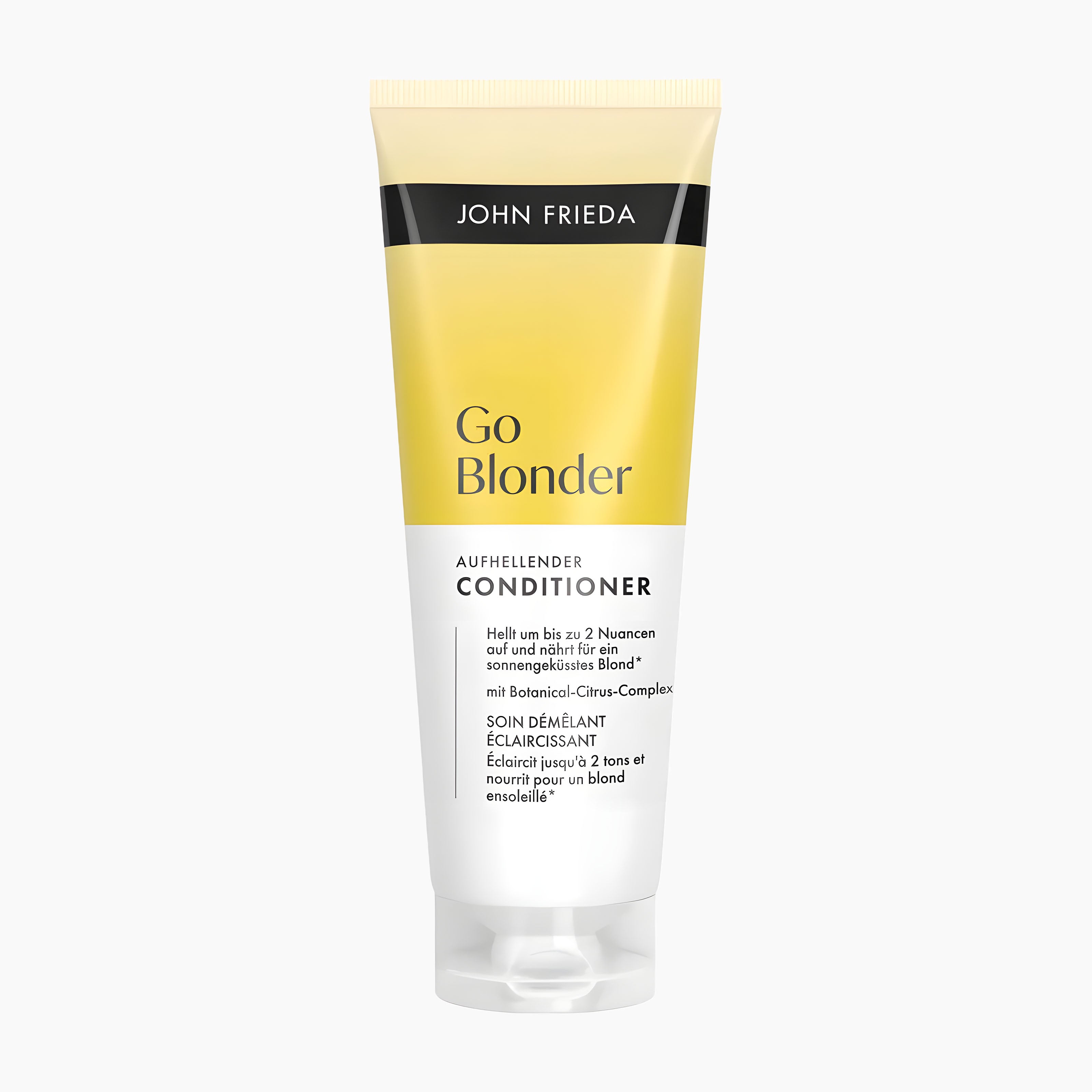A squeeze tube of John Frieda Go Blonder Lightening Conditioner, featuring a yellow and white design with a black band at the top, set against a plain light gray background.