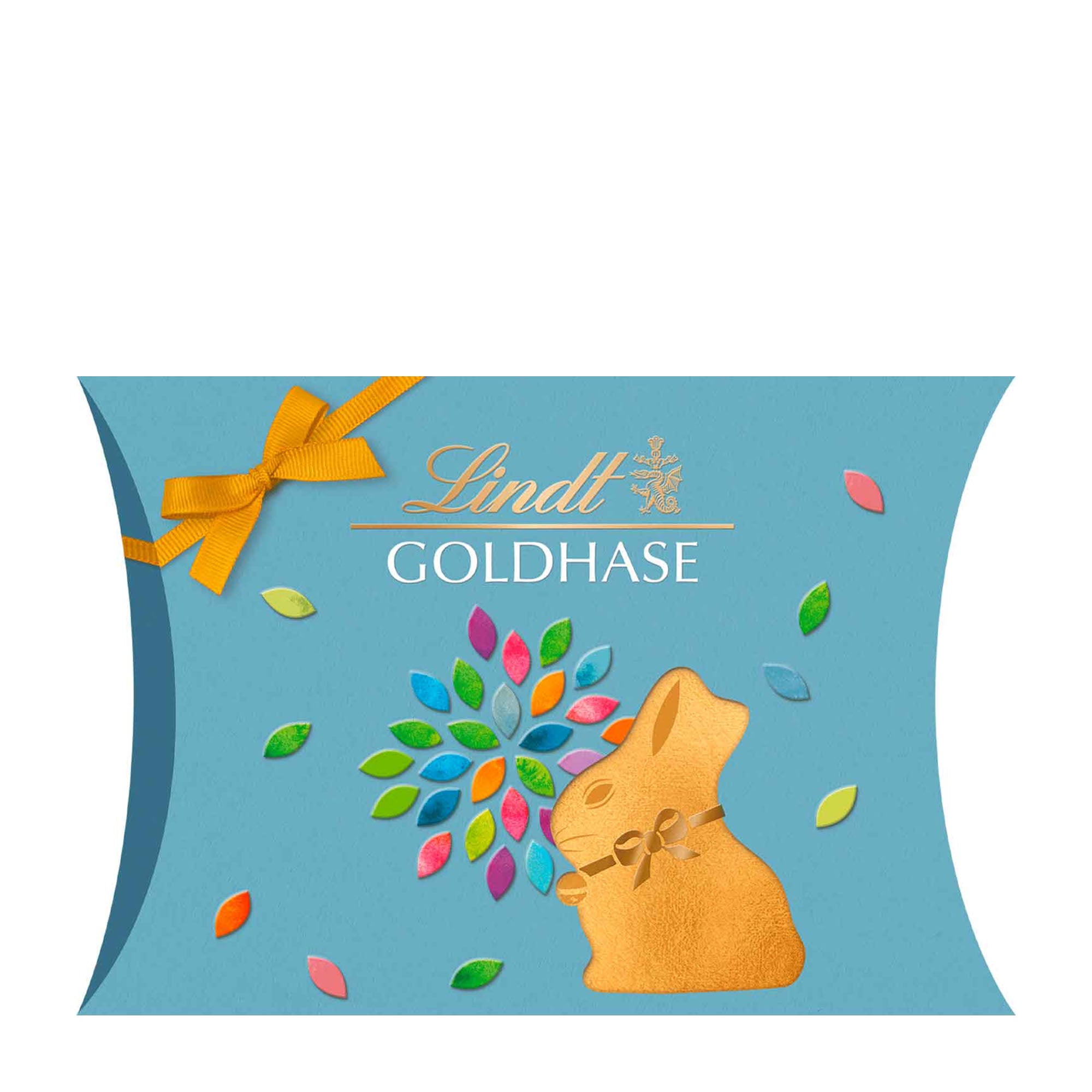 Lindt Gold Bunny Cut-Out Pillow Pack packaging with colorful design on a blue background