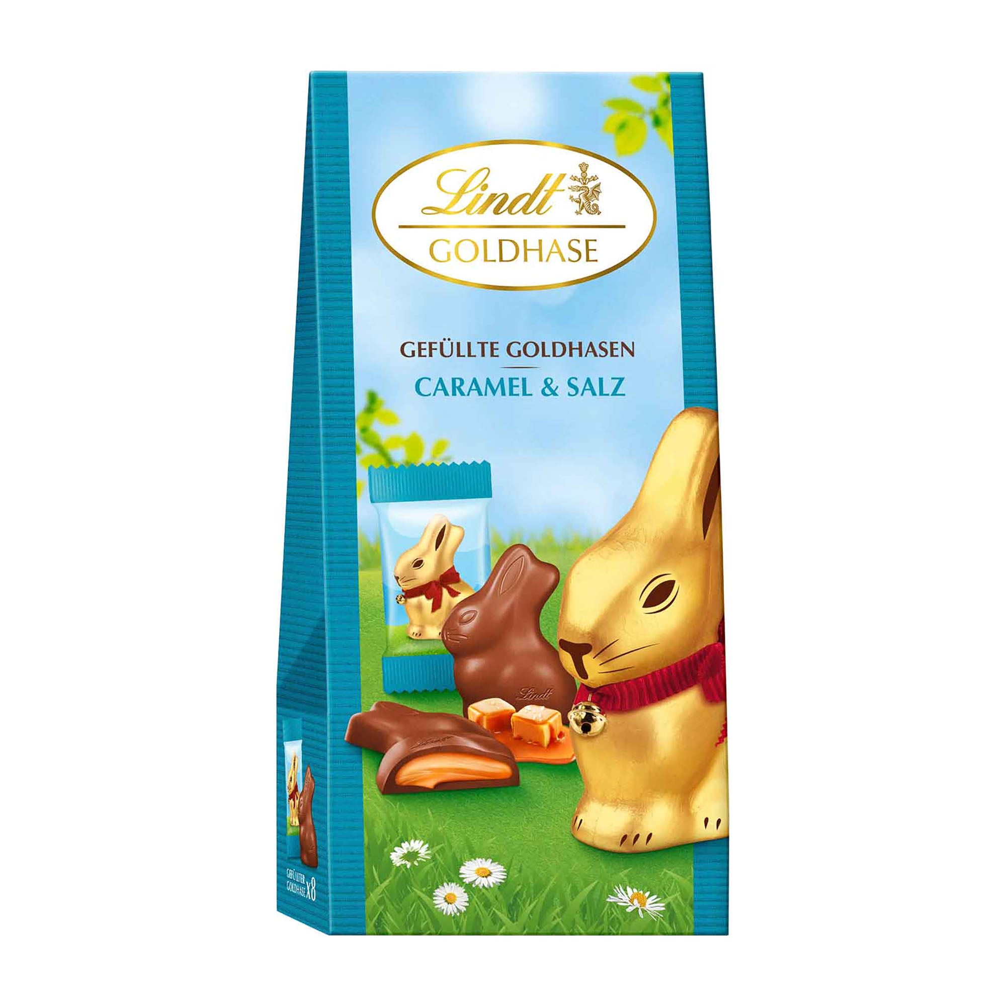 Lindt Gold Bunny Filled Caramel & Salt chocolate bunny packaging on a white background