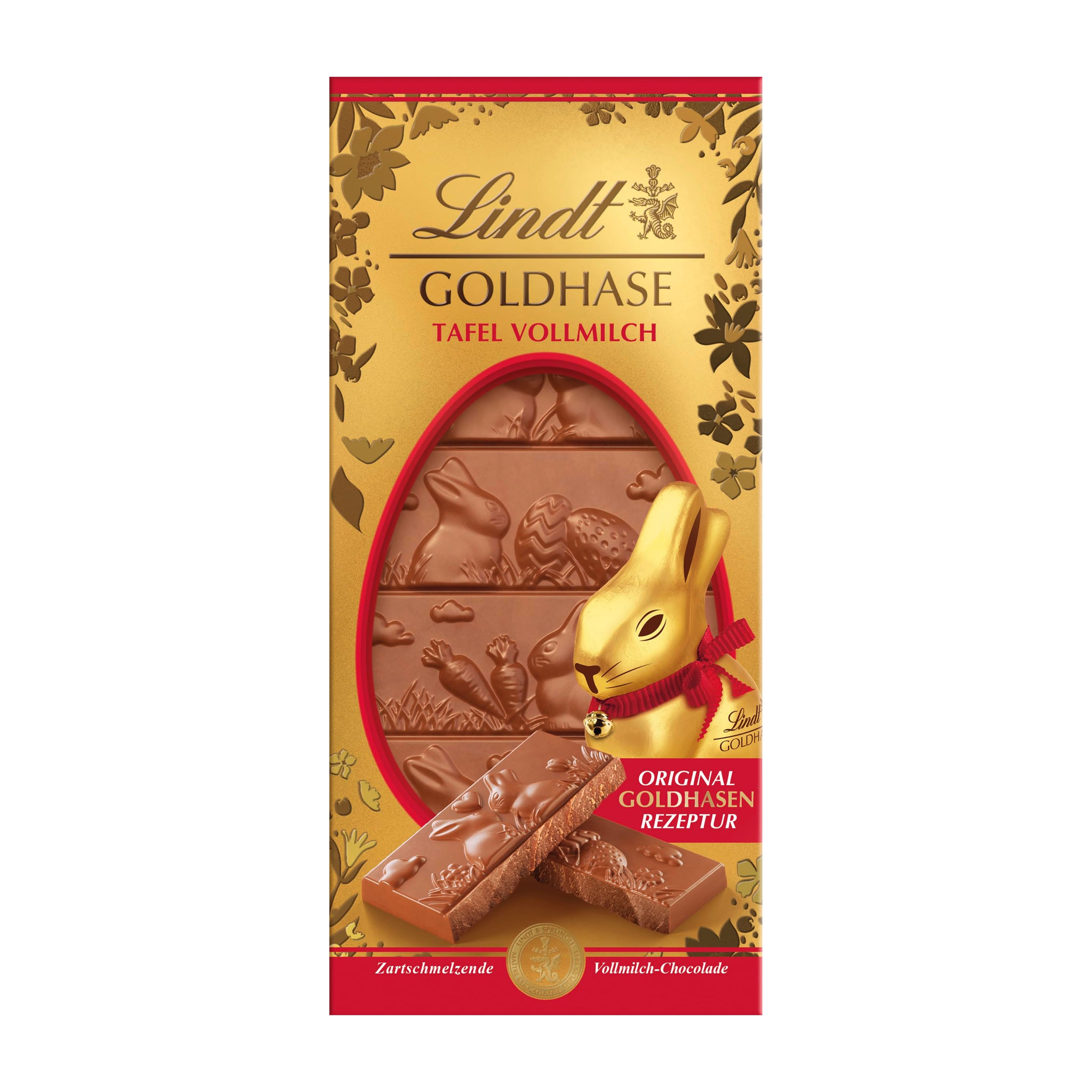 Lindt Gold Bunny Milk Chocolate Bar packaging, featuring an image of the chocolate bar and the Gold Bunny design.
