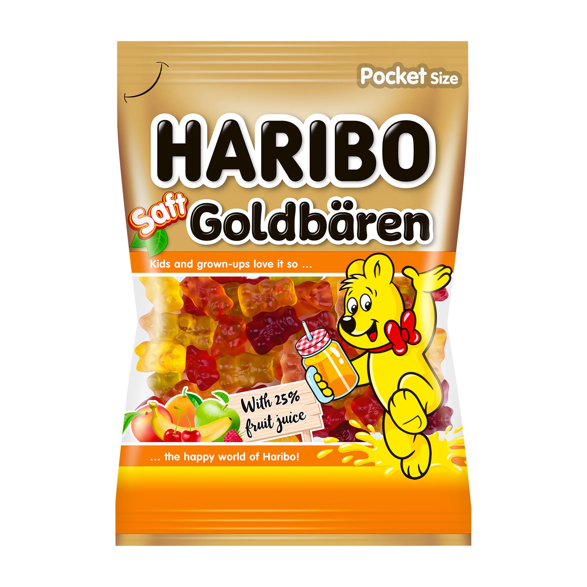 Haribo Goldbears Juicy gummy candy packaging with a cartoon bear holding a drink on a white background