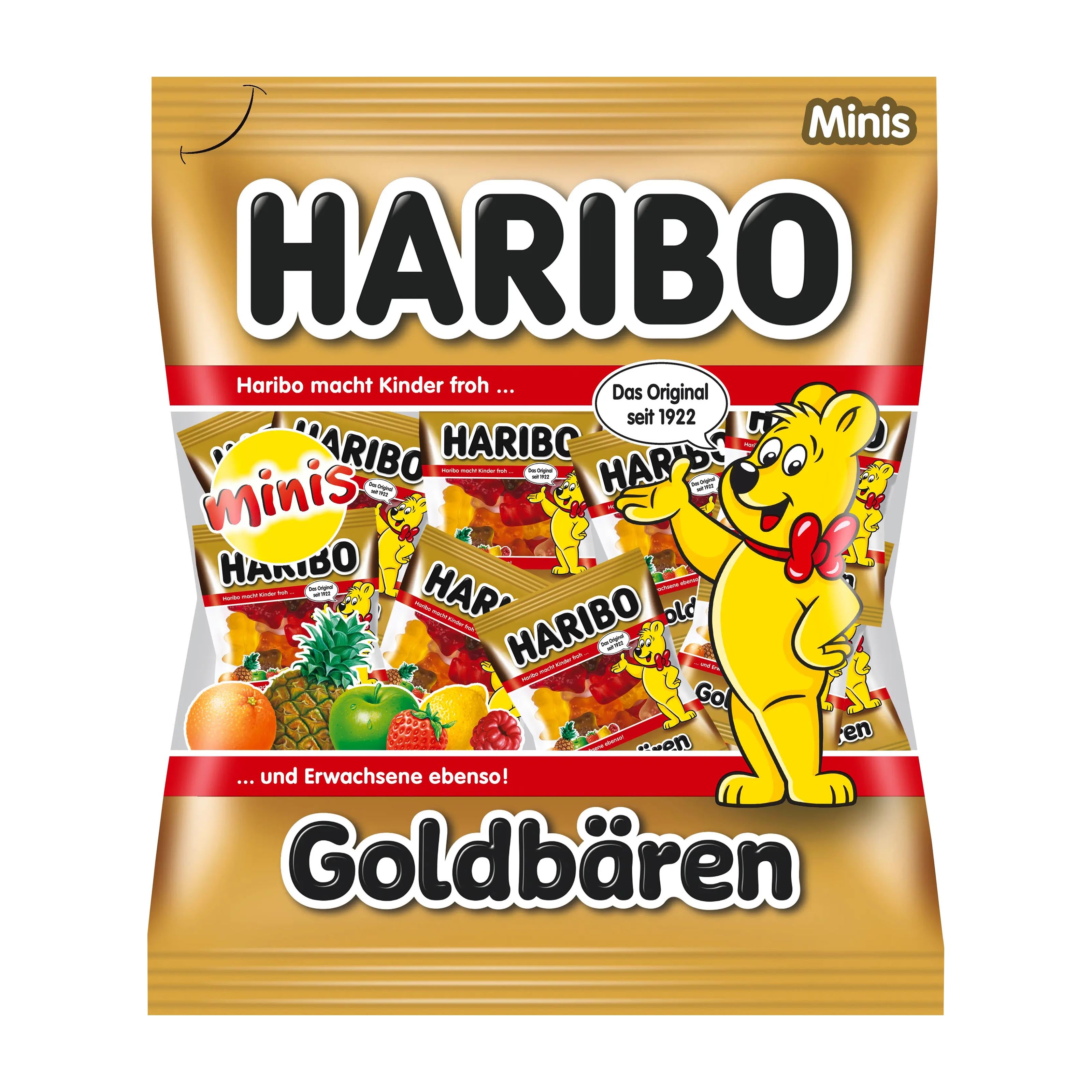 Haribo Goldbears Minis gummy candy packaging on a white background.