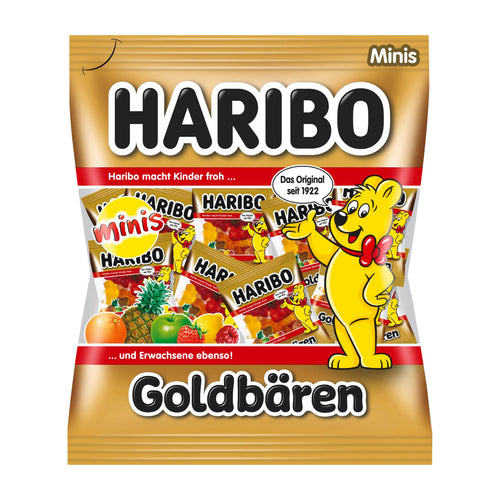 Haribo Goldbears Minis gummy candy packaging on a white background.