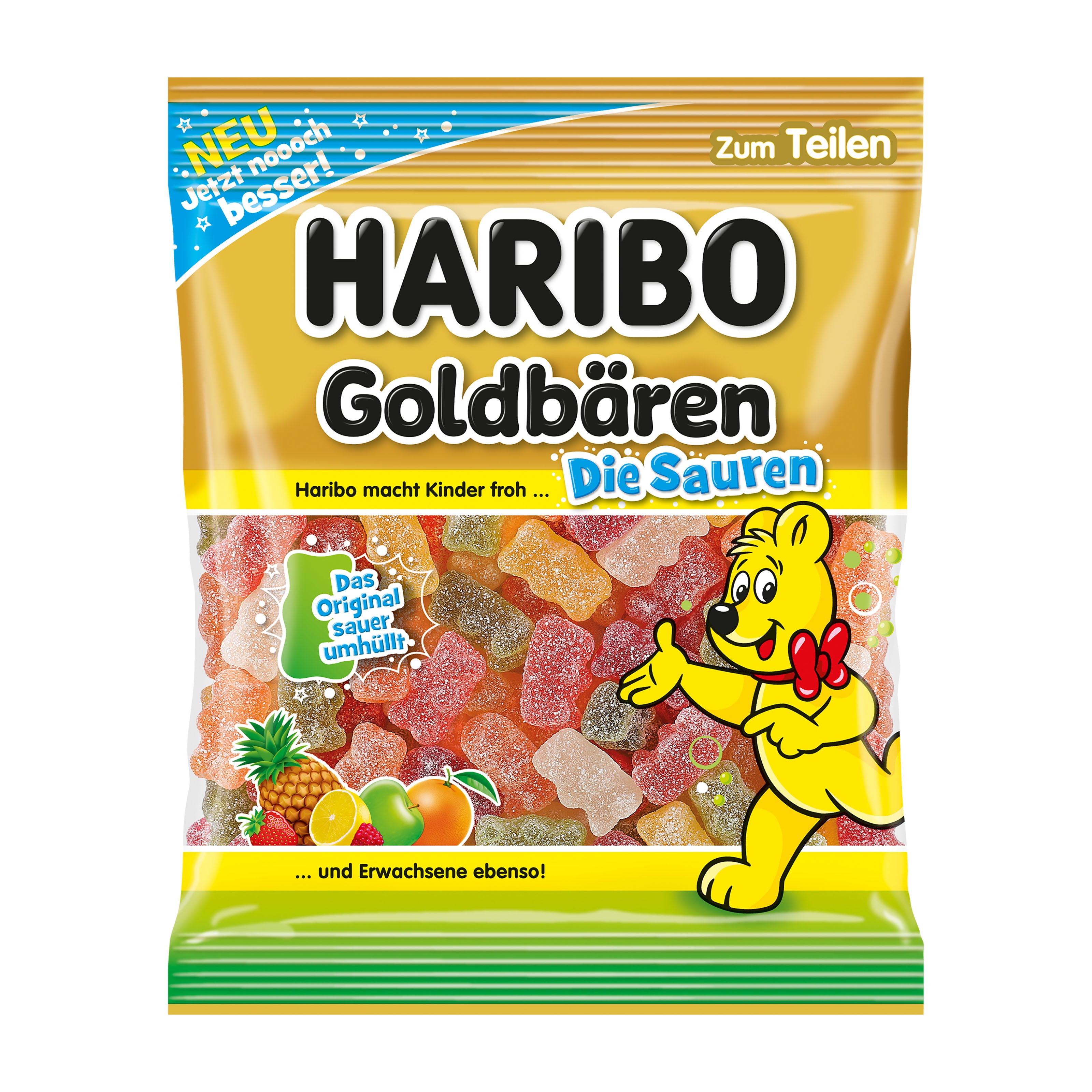 Haribo Goldbears The Sour fruit gummy packaging with cartoon bear and colorful candies.