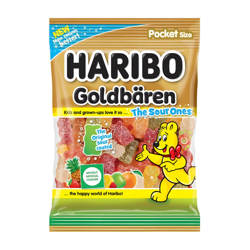 Haribo Goldbears The Sour Ones gummy bears packaging with cartoon bear character on a white background