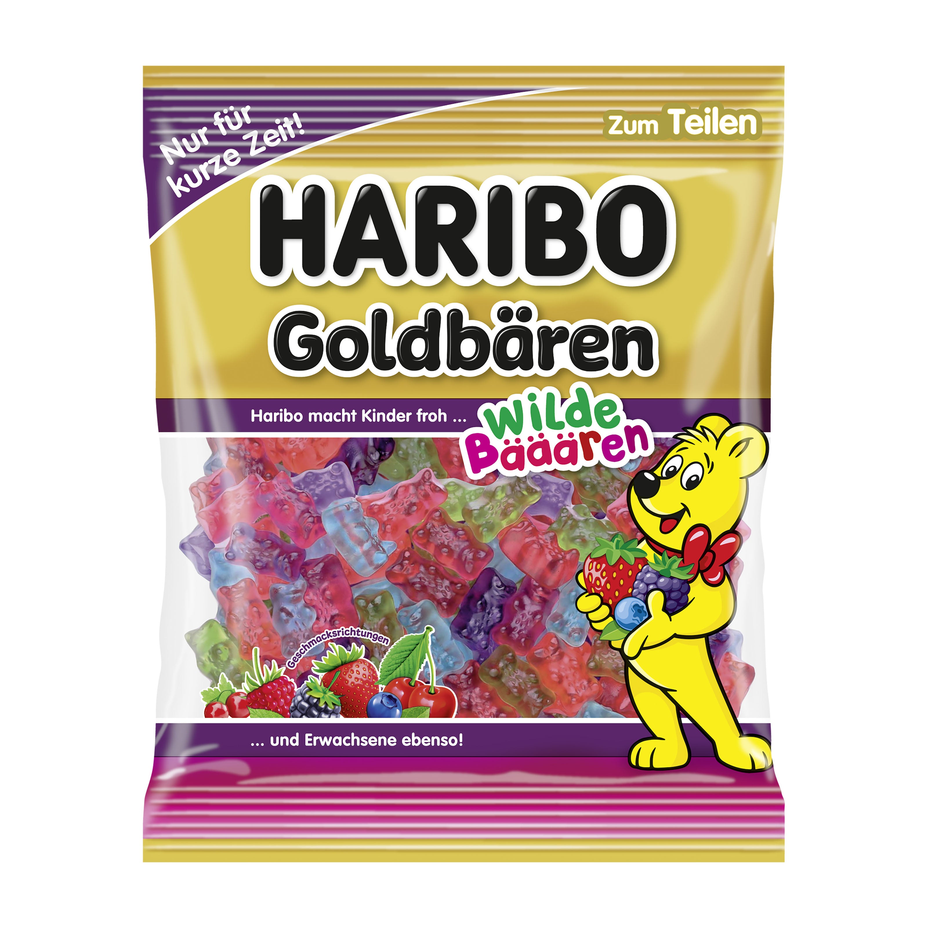 Haribo Goldbears Wild Berry gummy candy packaging with a cartoon bear and colorful gummy bears inside.