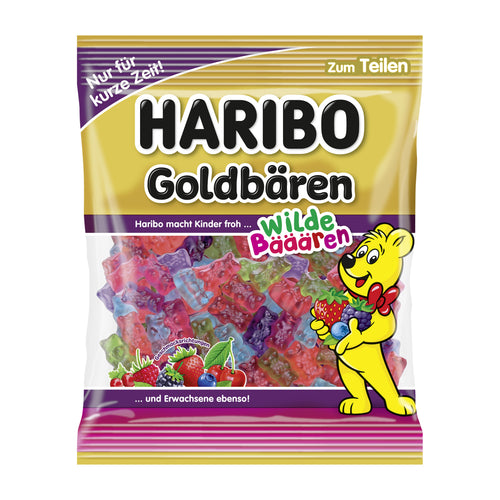 Haribo Goldbears Wild Berry gummy candy packaging with a cartoon bear and colorful gummy bears inside.