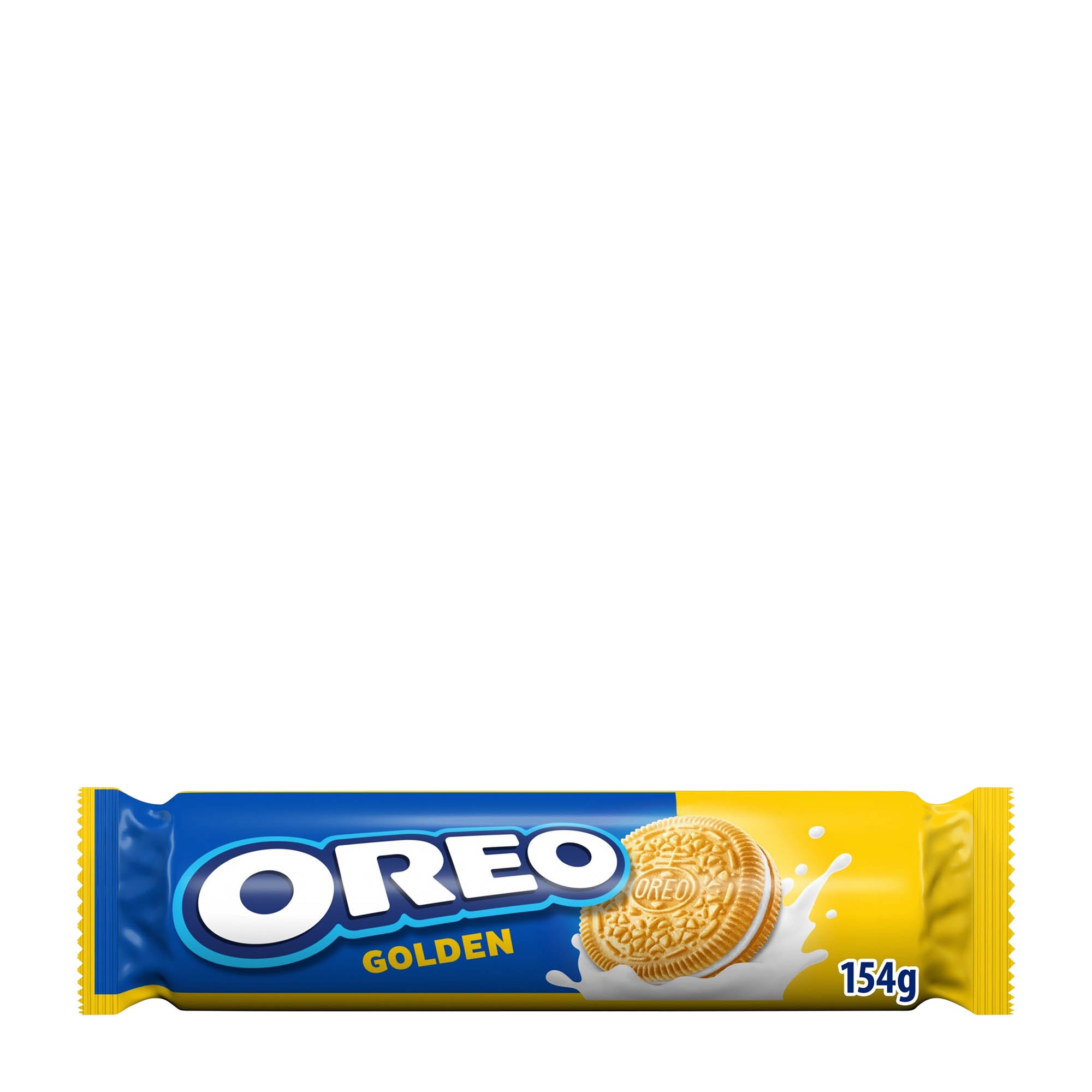 A package of Oreo Golden sandwich cookies, with the cookies visible at the bottom of the pack, showing the vanilla cream filling and the golden color of the cookies.