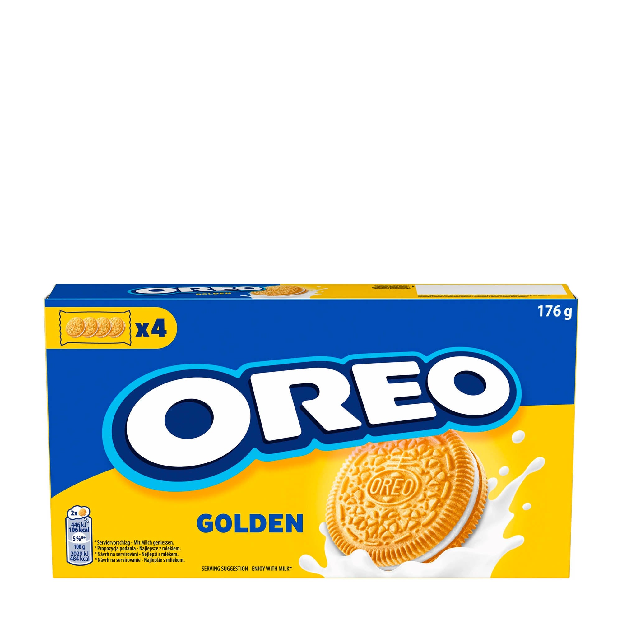 A pack of Oreo Golden Sandwich Cookies, 176 g, with a vanilla cream filling. The packaging is predominantly blue and yellow with an image of the cookies and milk.