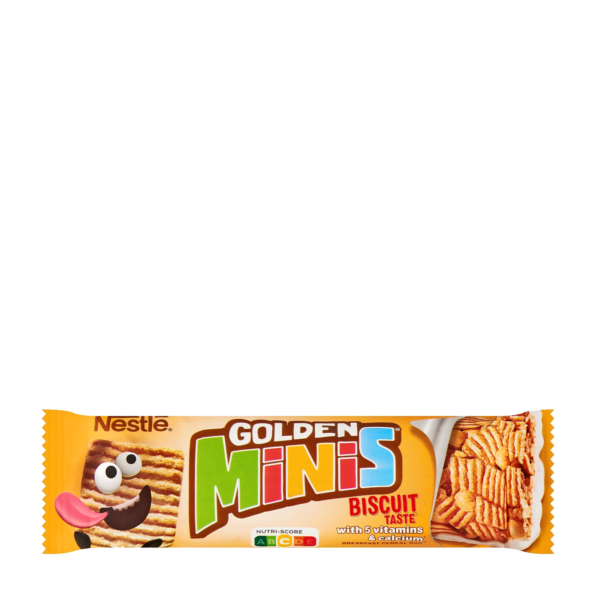 Packaging of Nestlé Golden Minis cereal bar, displaying the product and its biscuits, with a cartoon character and brand logos.