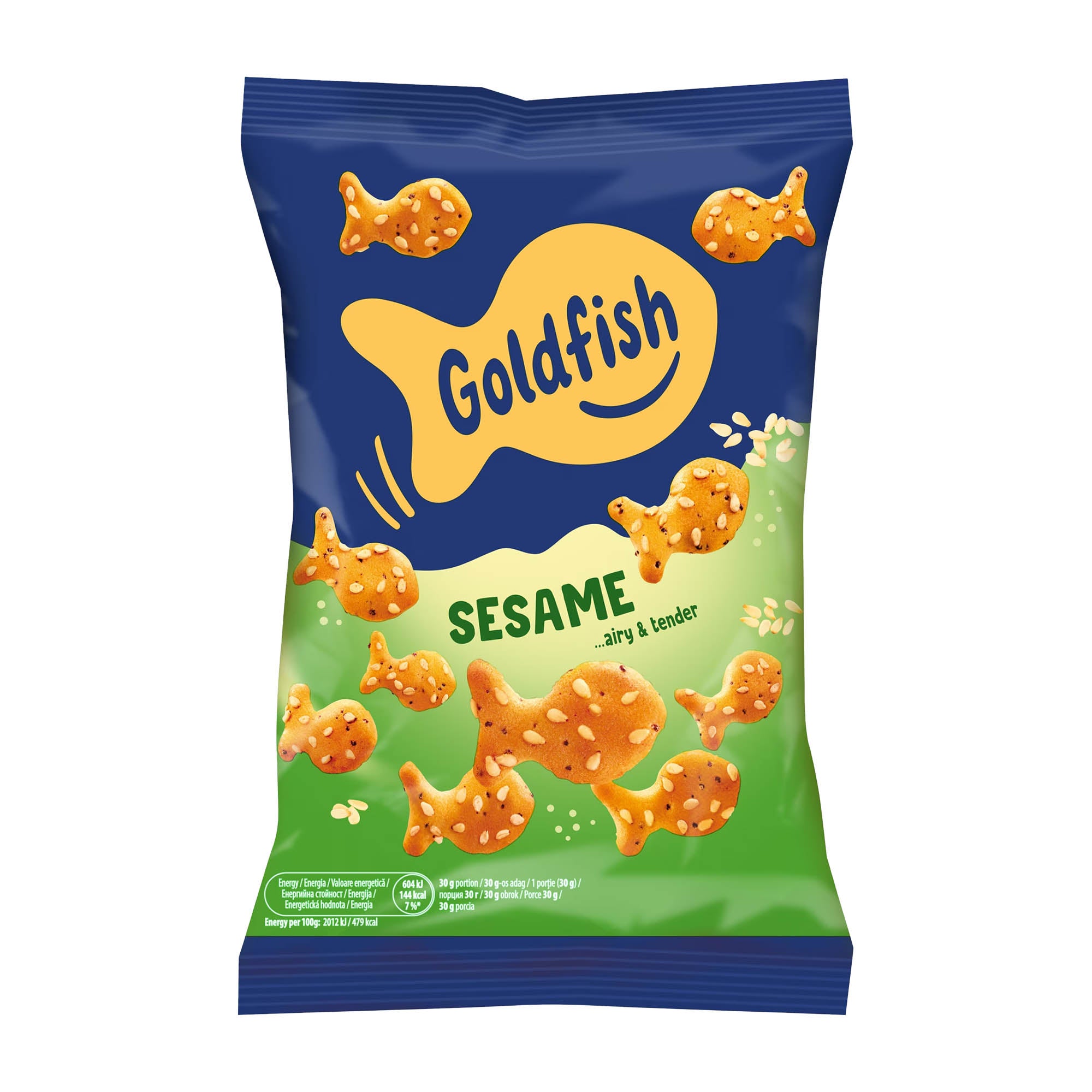 Goldfish Sesame Crackers packaging on a white background.