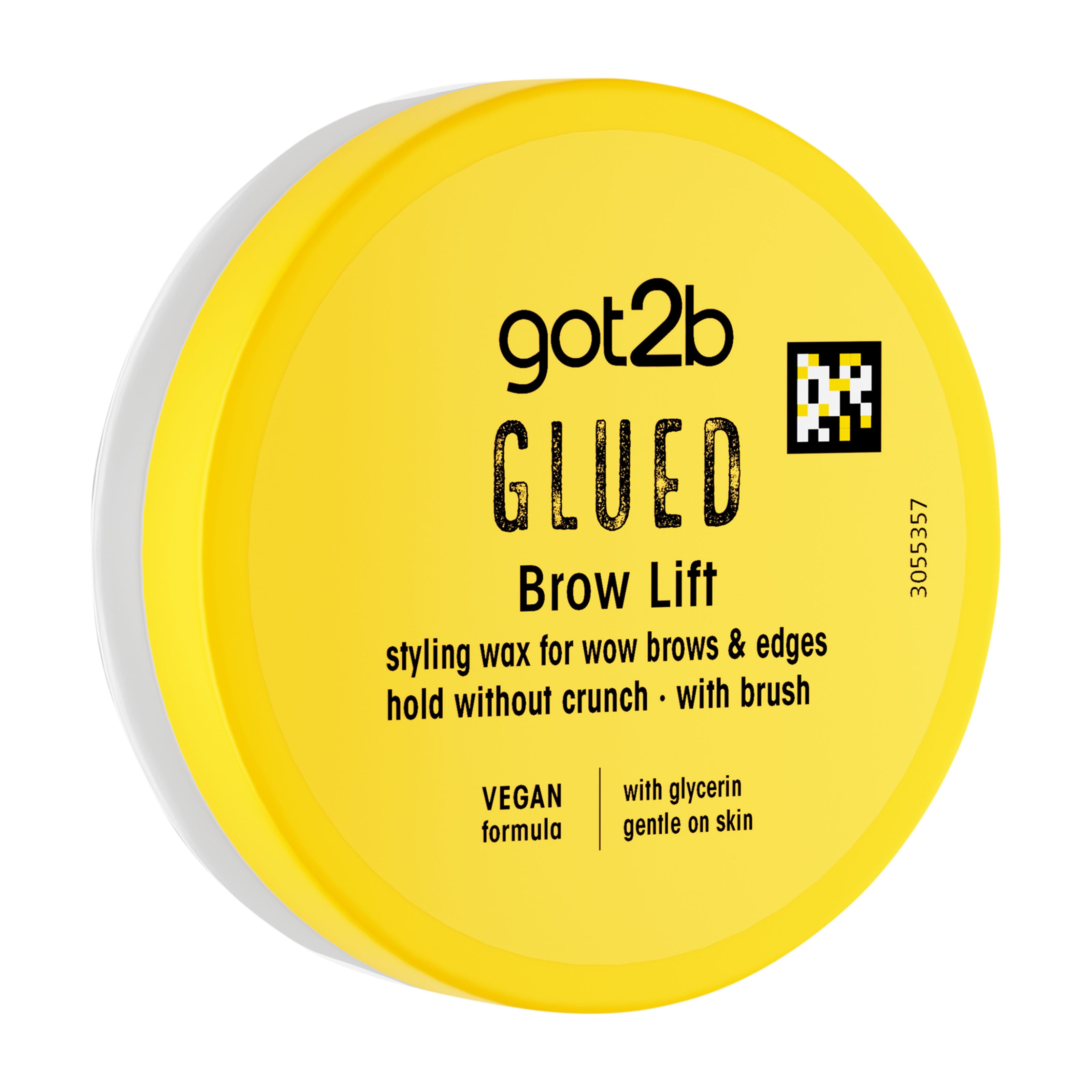 Yellow container of got2b Glued Brow Lift styling wax on a white background