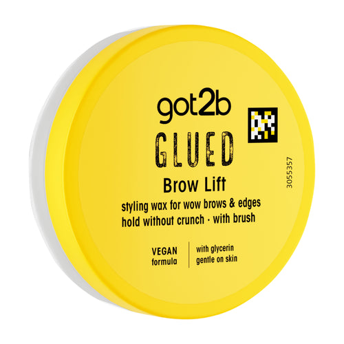 Yellow container of got2b Glued Brow Lift styling wax on a white background