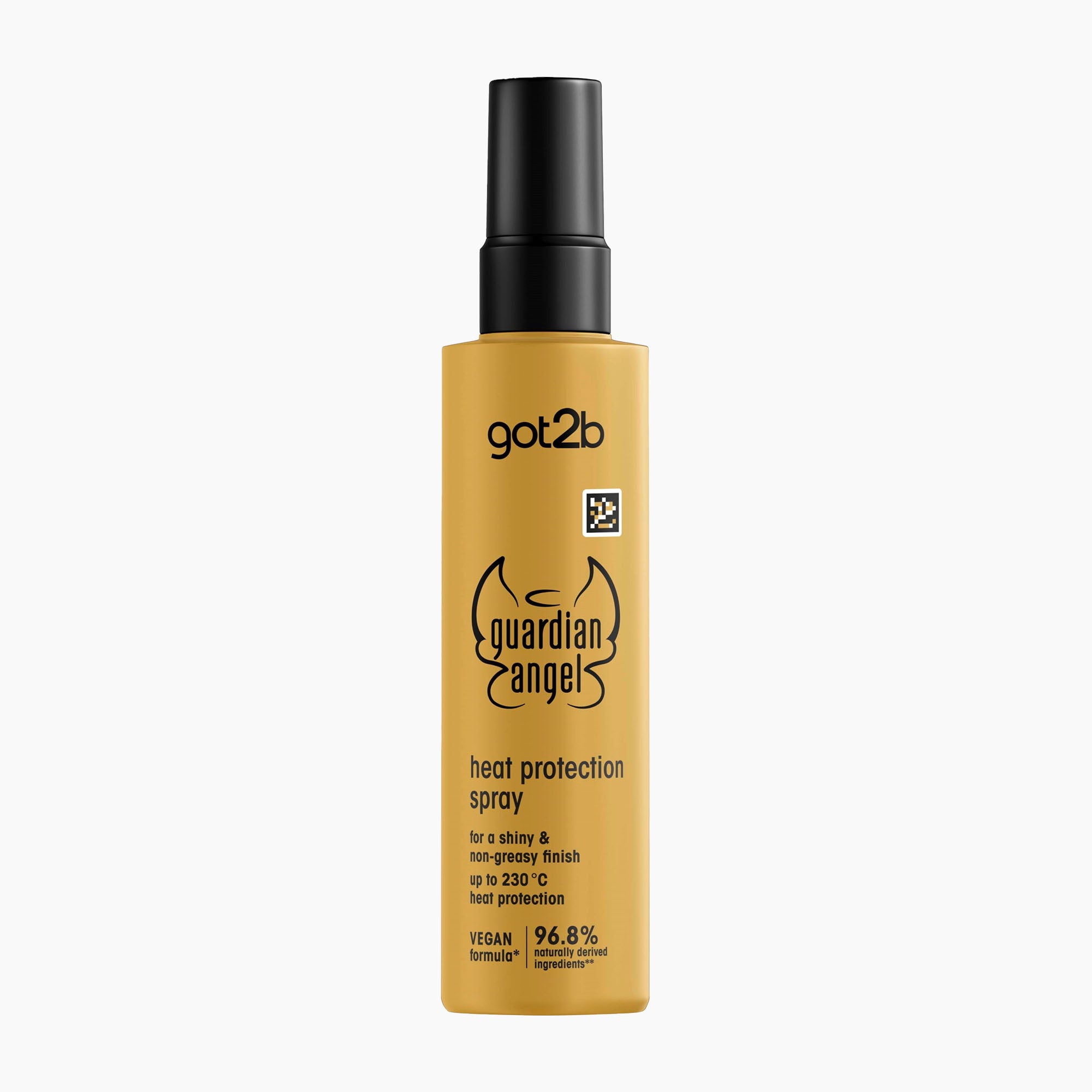 A bottle of got2b Guardian Angel Heat Protection Spray, featuring a mustard yellow bottle and a black spray nozzle, set against a plain white background.