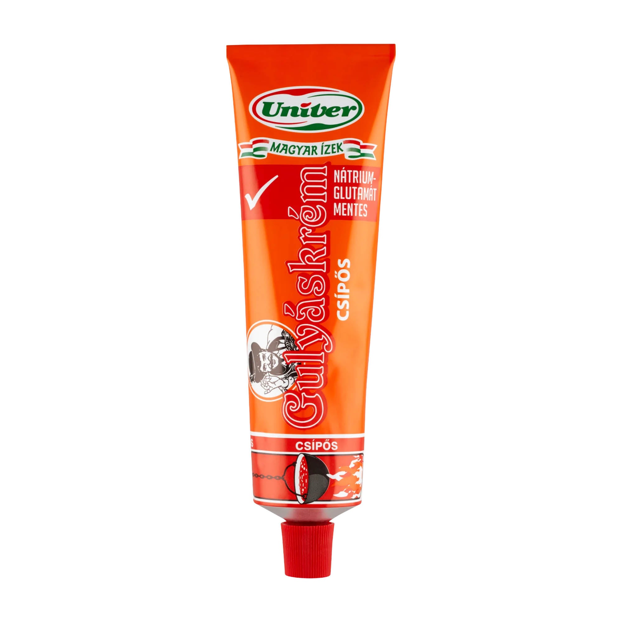 A tube of Univer Hot Goulash Paste with a red cap. The label is predominantly orange with text and the Univer logo.
