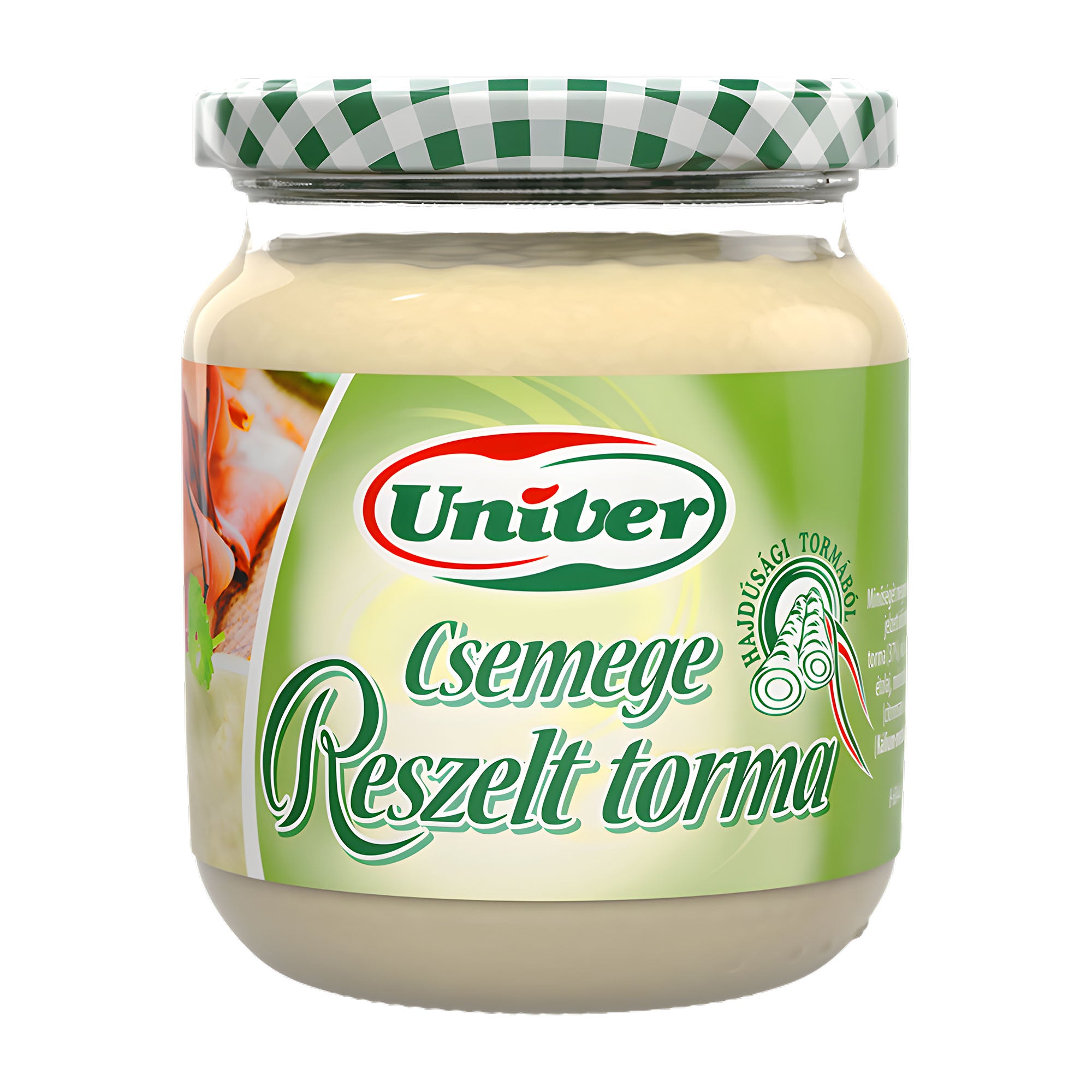 Jar of Univer brand food product with green and white checkered lid on a white background