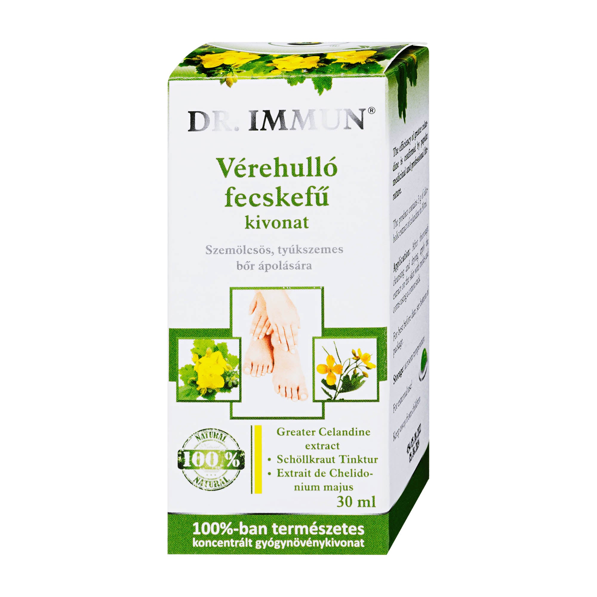 Packaging of Dr Immun warts and corns treatment with greater celandine extract, showing the product name, image of the extract, and application instructions.