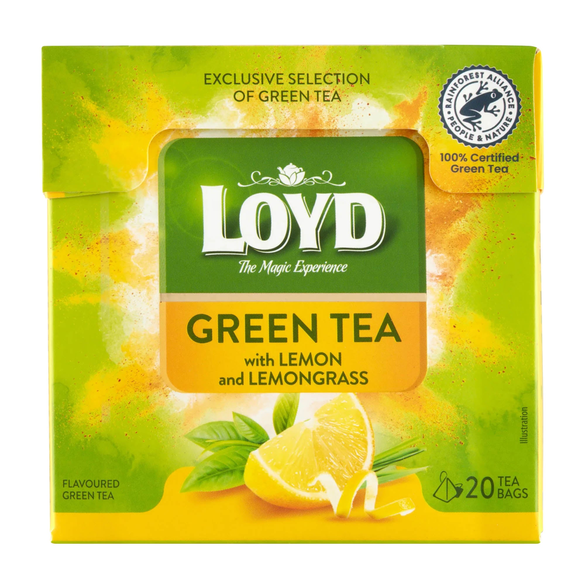Packaging of Loyd Green Tea with lemon and lemongrass featuring a bright graphic of a lemon slice and green tea leaves.