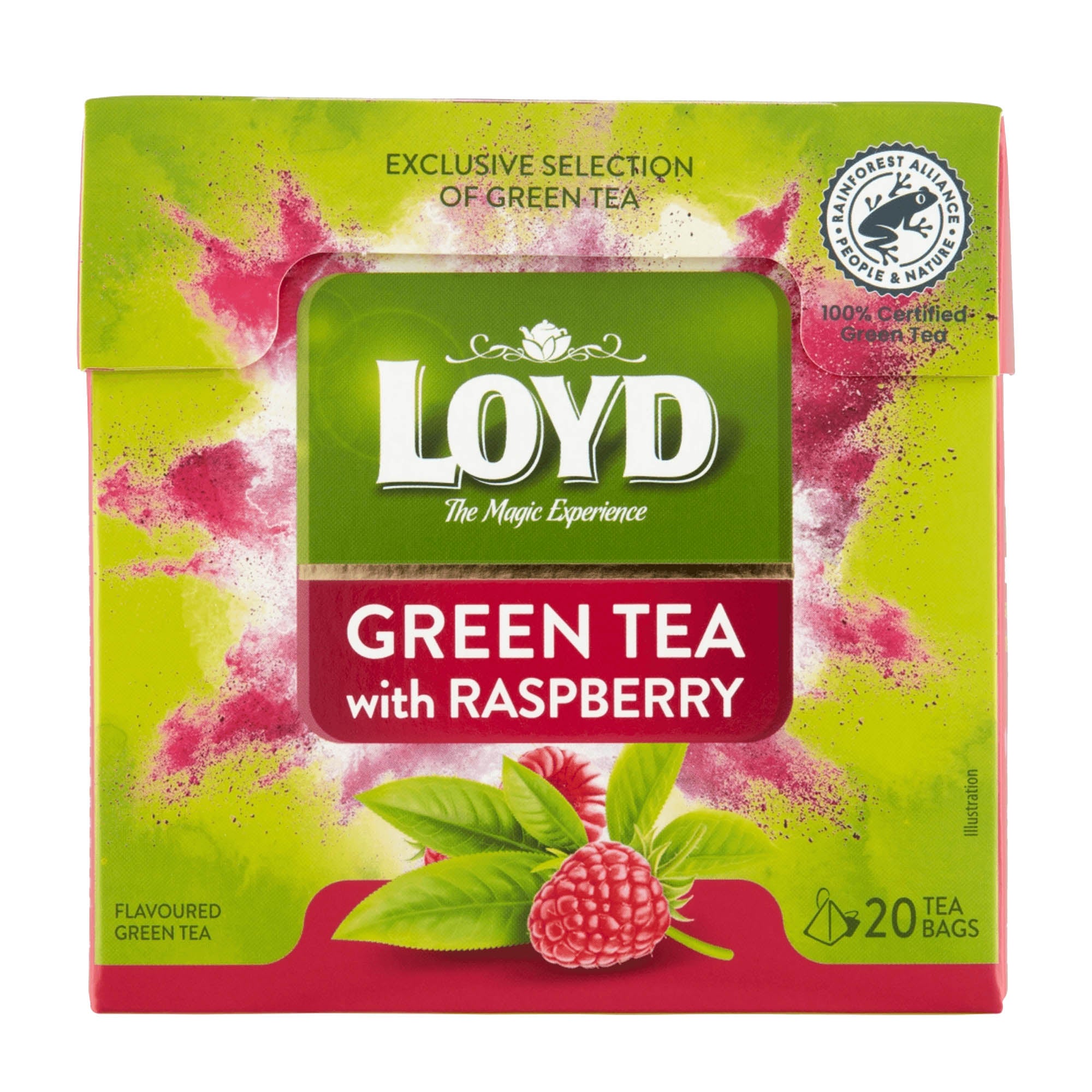 Packaging of Loyd Green Tea with raspberry, featuring the brand logo and a picture of a raspberry, with a green background and text indicating 20 tea bags.