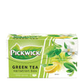 A box of Pickwick Green Tea Variation Box with images of green tea leaves, lemon, mint, and jasmine on the packaging.