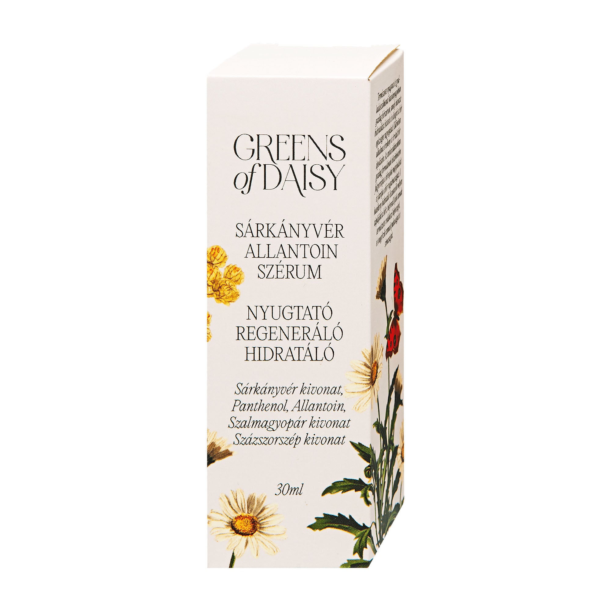 Box of Greens of Daisy serum with floral designs on a white background