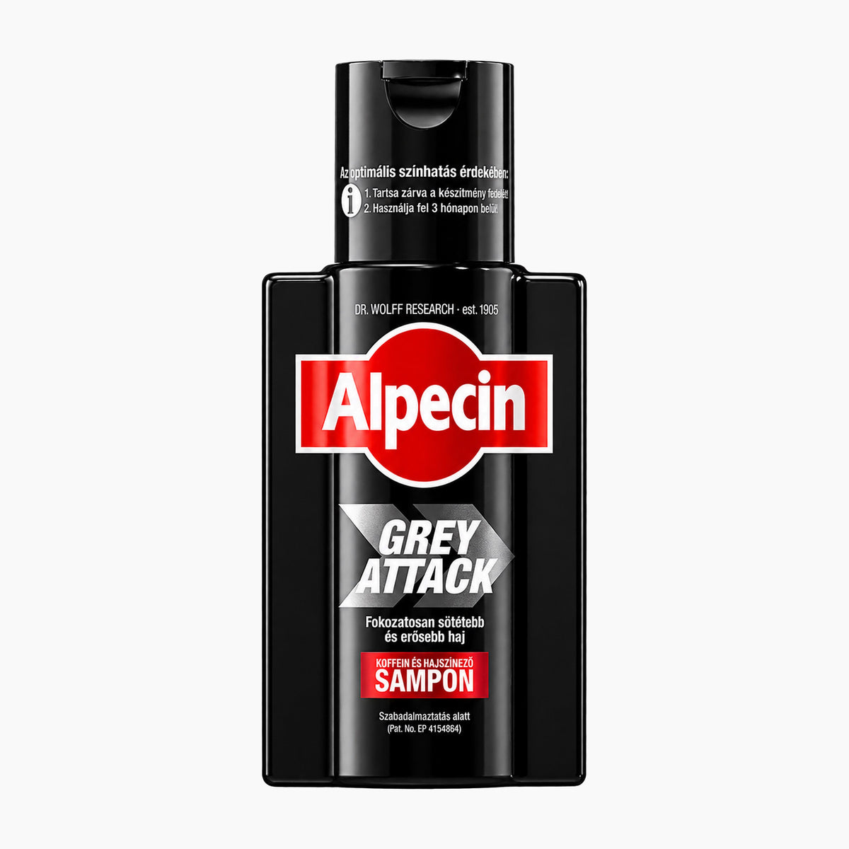 Alpecin Grey Attack Caffeine and Color Shampoo in a black bottle with a red and white logo, shown on a light gray background.