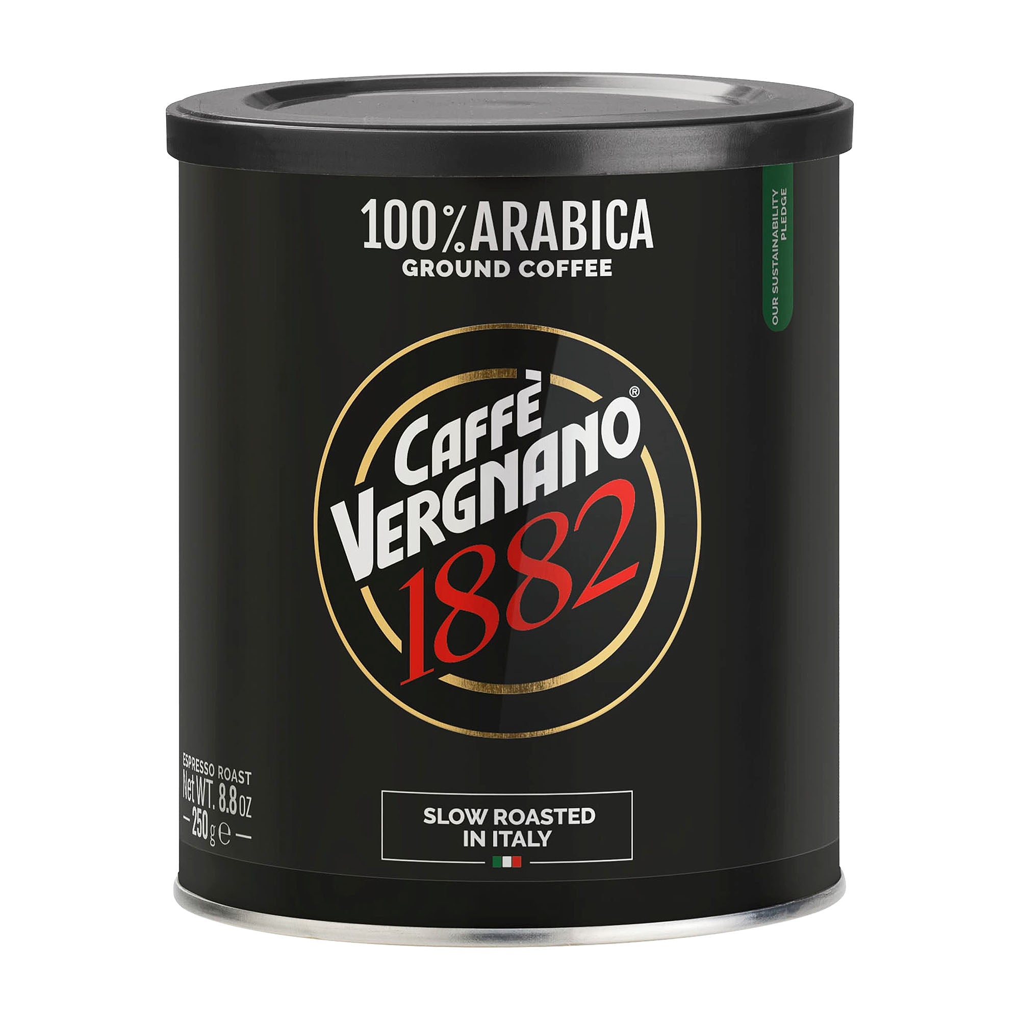 Caffè Vergnano 1882 100% Arabica Espresso Roast ground coffee can on a white background