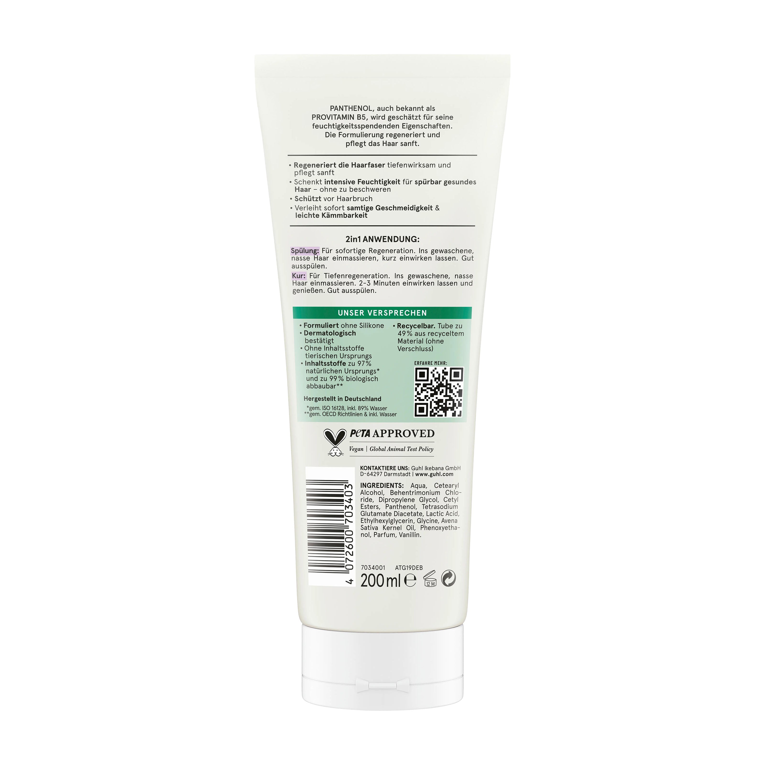 Back view of GUHL panthenol + repair 2in1 treatment tube on a white background