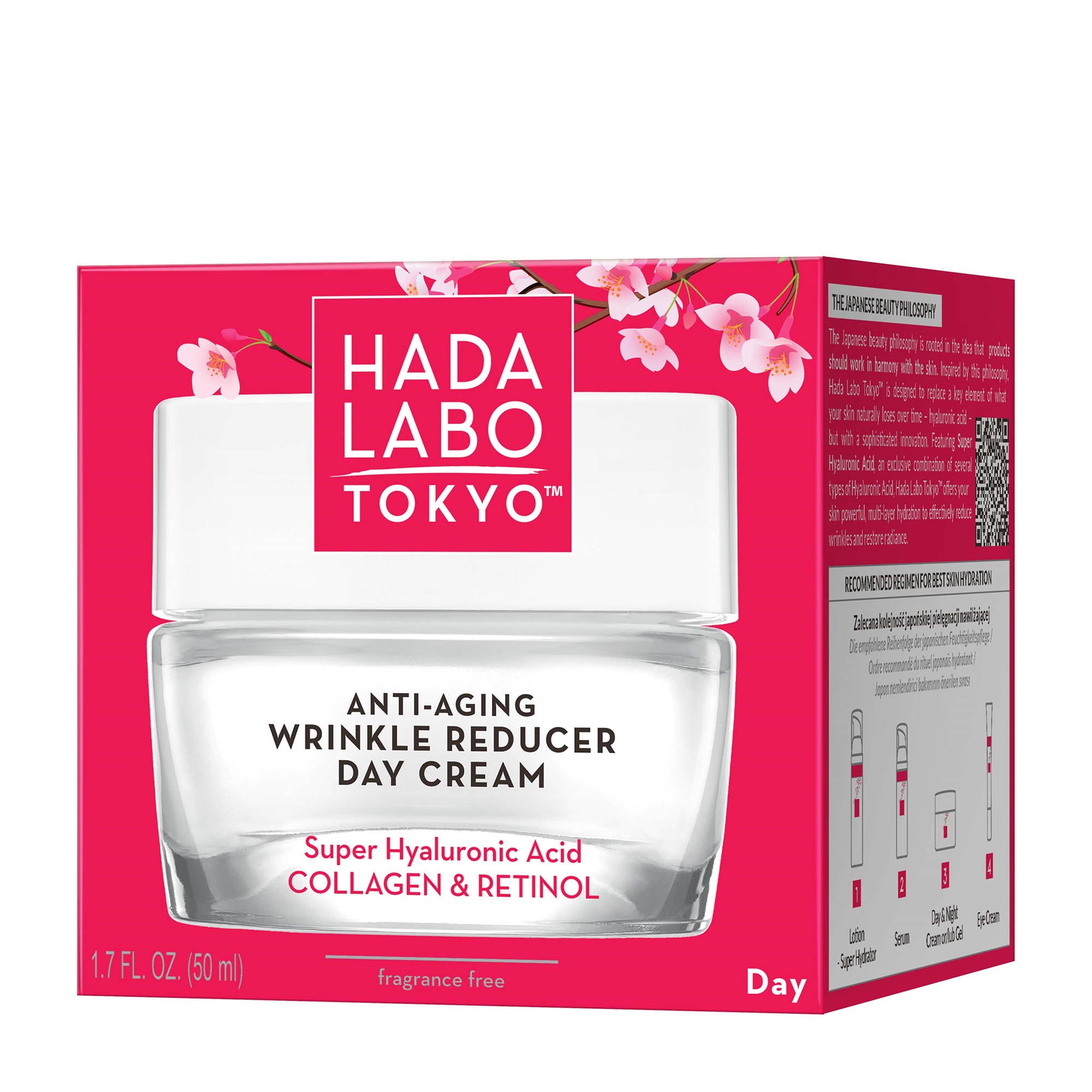 Hada Labo Tokyo anti-aging wrinkle reducer day cream packaging with cherry blossoms on a red background