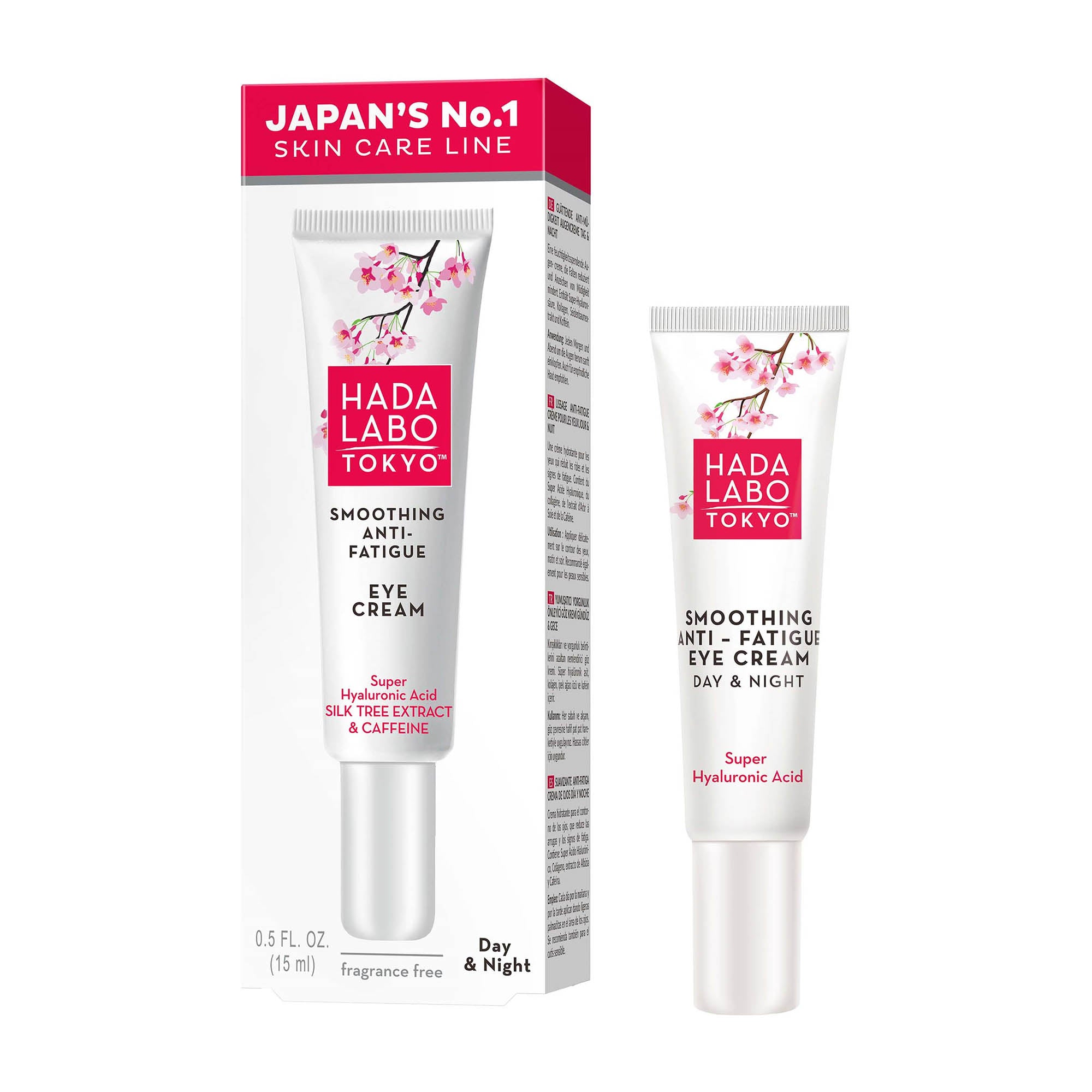 Hada Labo Tokyo Smoothing Anti-Fatigue eye cream tube with packaging on a white background