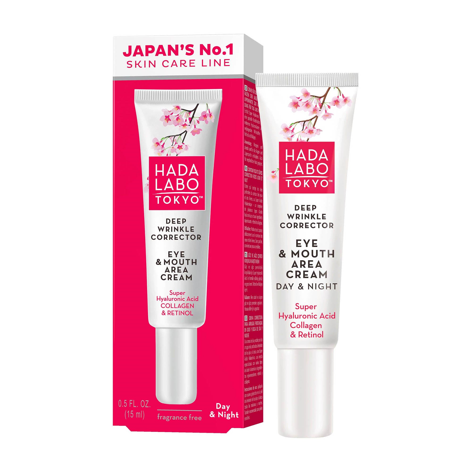 Hada Labo Tokyo Deep Wrinkle Corrector eye and mouth area cream with packaging on a white background