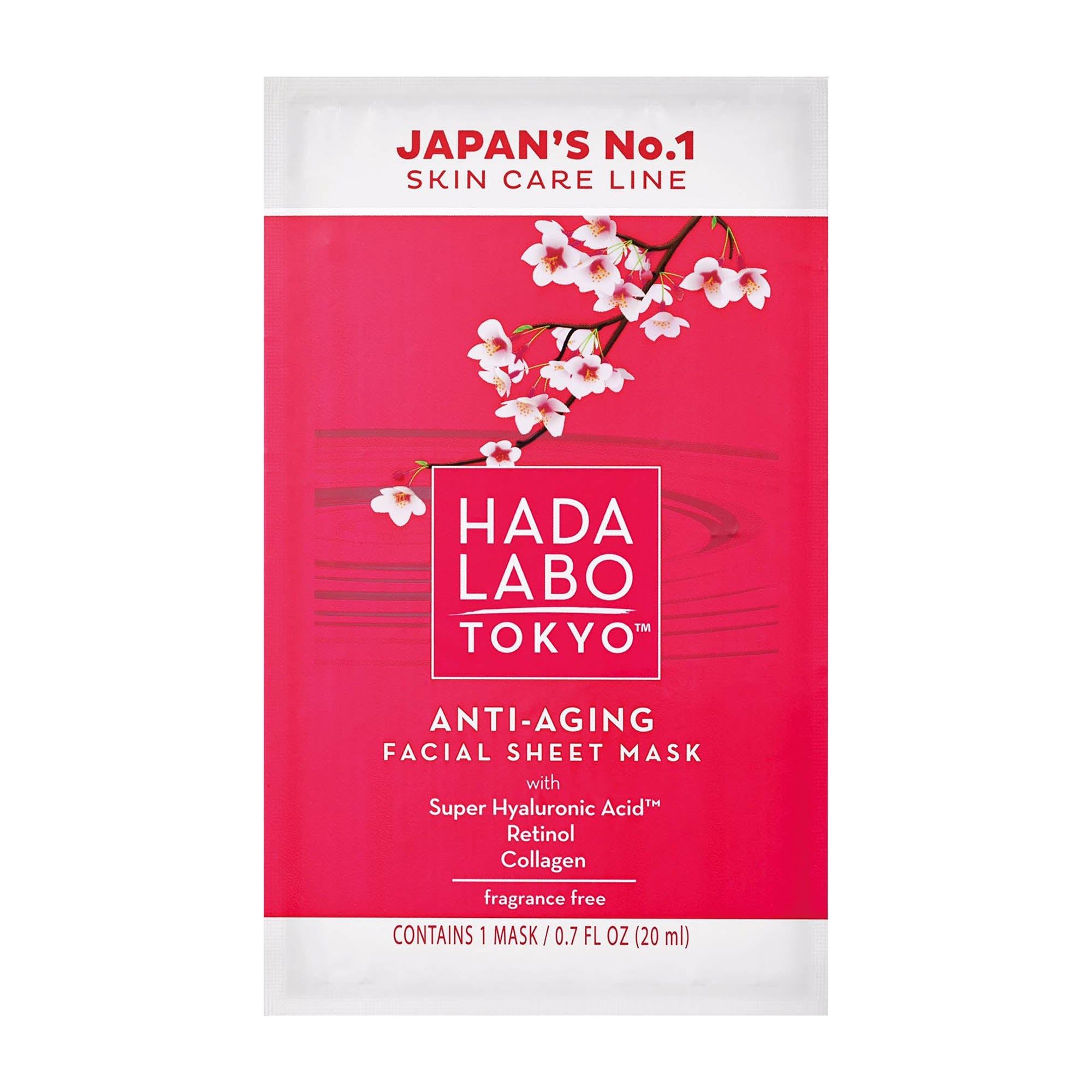 Hada Labo Tokyo anti-aging facial sheet mask packaging with cherry blossoms on a white background