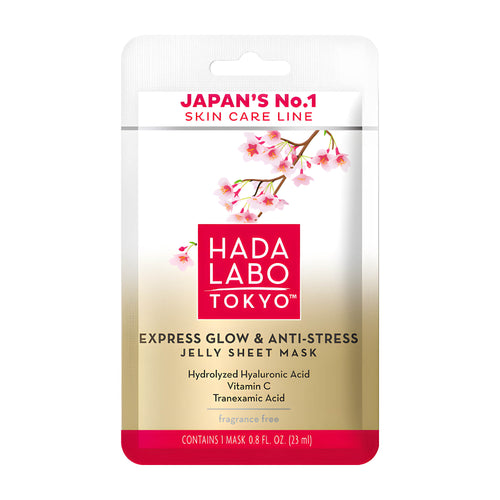 Hada Labo Tokyo Express Glow & Anti-Stress Jelly Sheet Mask packaging on a white background.