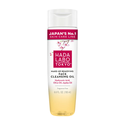 Hada Labo Tokyo makeup removing face cleansing oil bottle on a white background