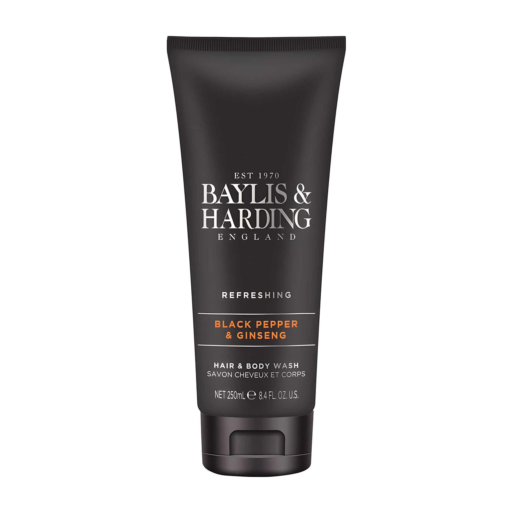 Baylis & Harding Refreshing black pepper & ginseng hair & body wash in a brown tube with white and orange text, 250 mL.