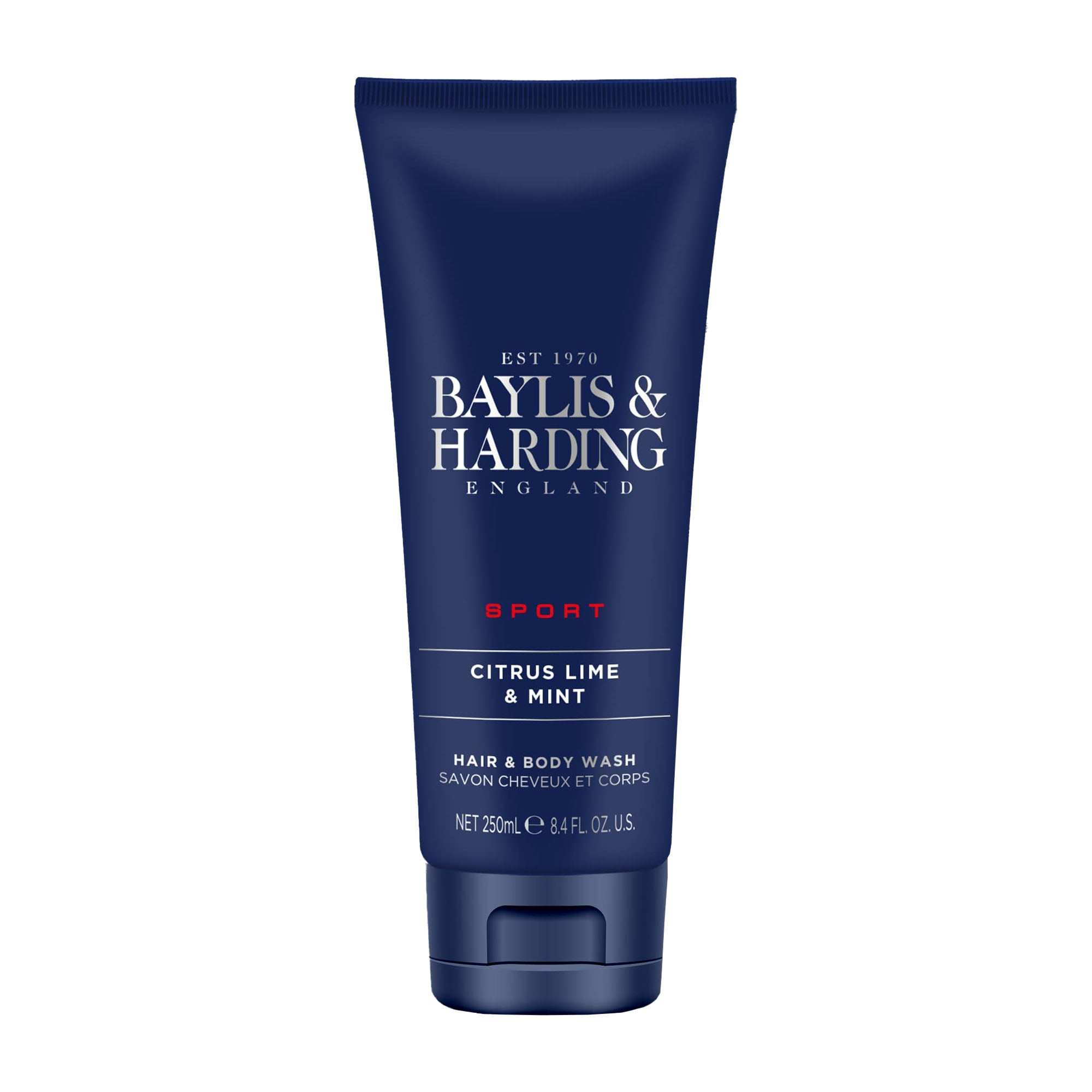 Baylis & Harding Sport citrus lime & mint hair & body wash in a 250 mL blue tube.