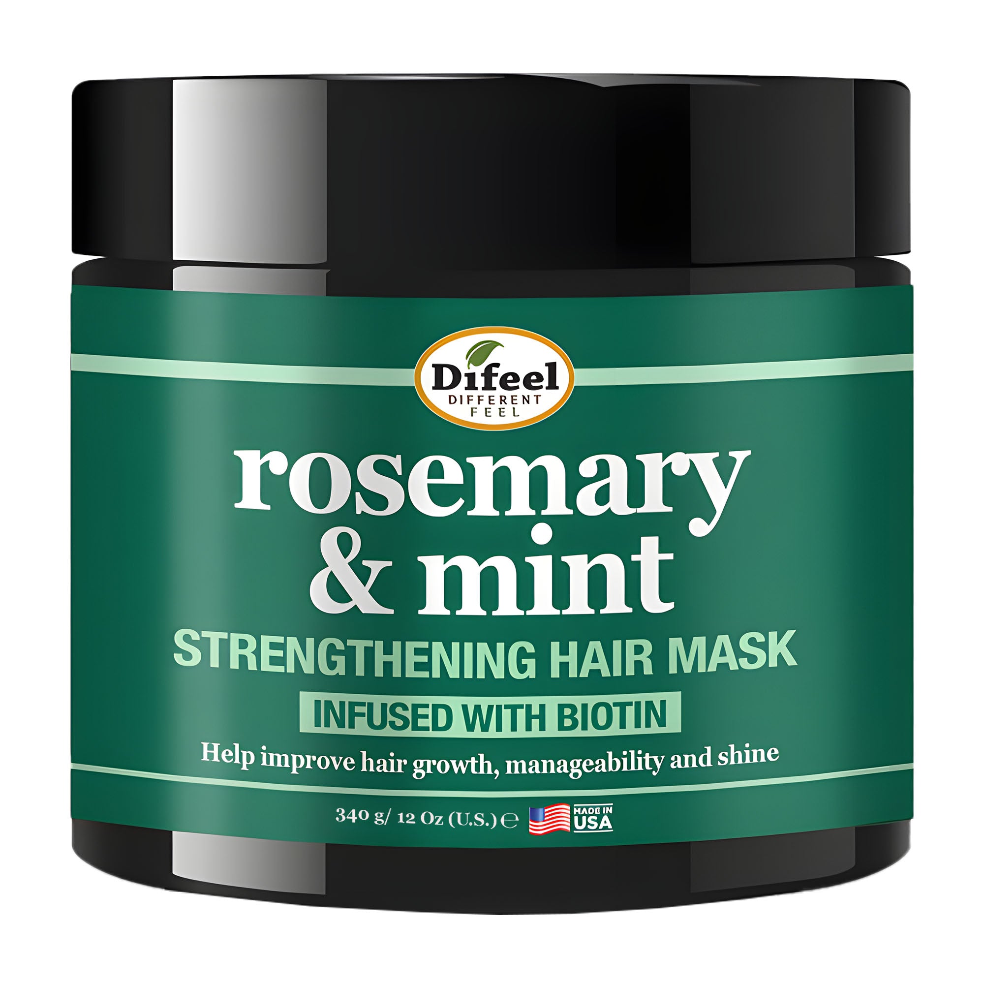 Difeel rosemary & mint strengthening hair mask jar on a white background