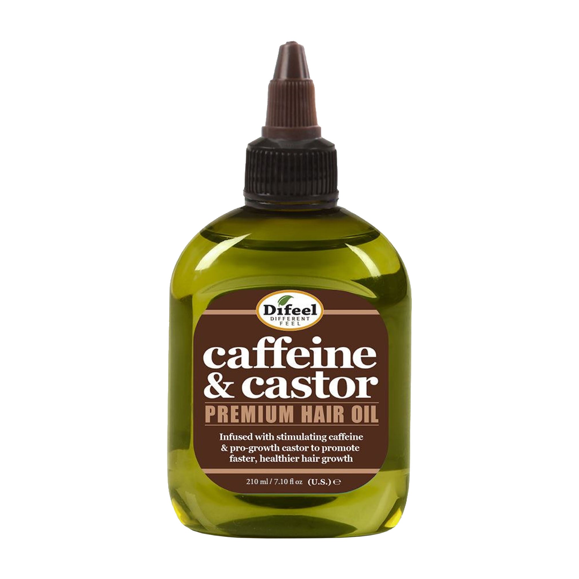Bottle of Difeel Caffeine & Castor Premium Hair Oil on a white background