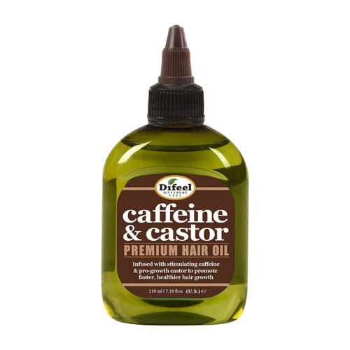 Bottle of Difeel Caffeine & Castor Premium Hair Oil on a white background