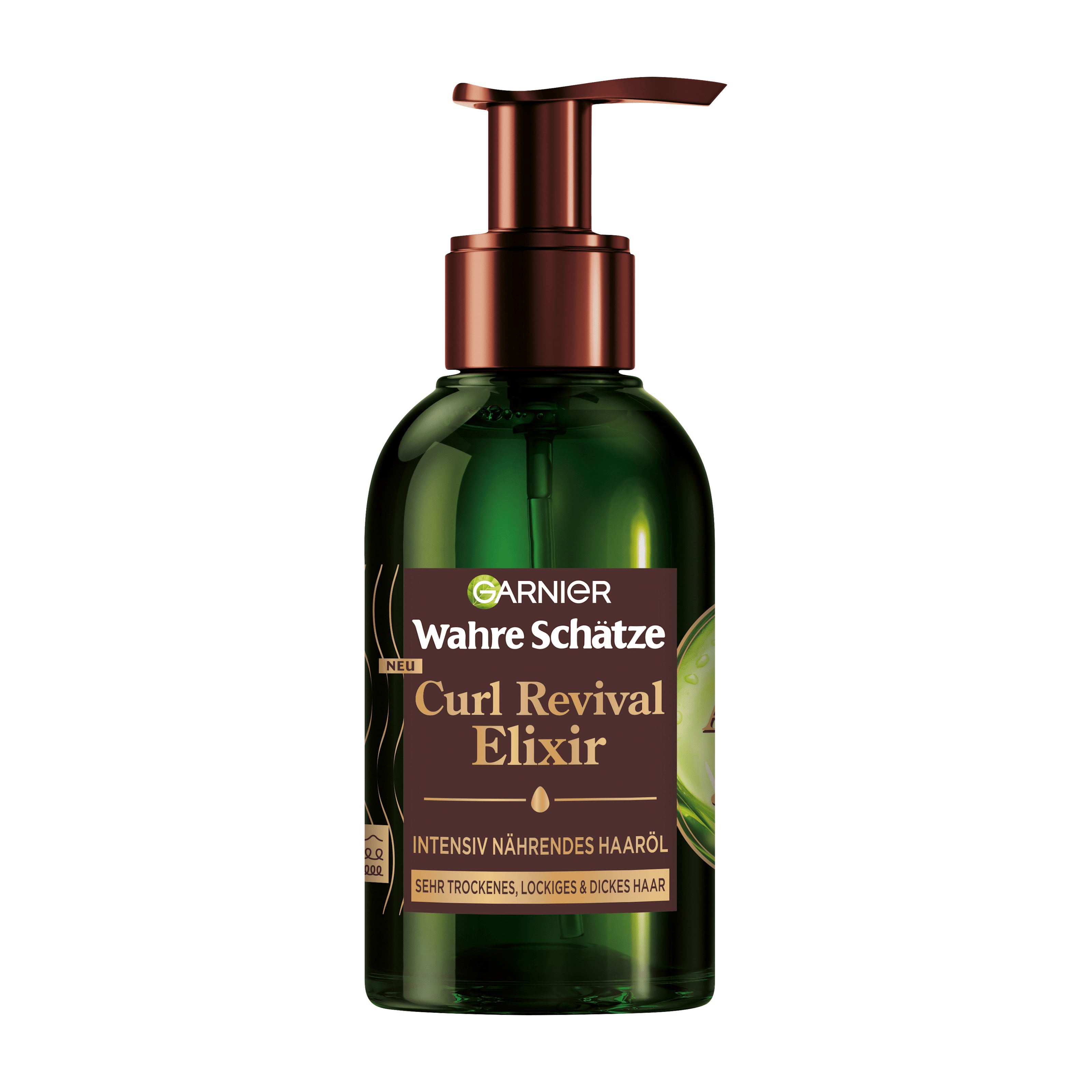 Garnier Wahre Schätze Curl Revival Elixir intensive nourishing hair oil bottle on a white background