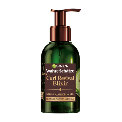 Garnier Wahre Schätze Curl Revival Elixir intensive nourishing hair oil bottle on a white background