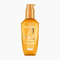 A bottle of L'Oreal Paris Elvital Oil Magic hair oil, featuring a golden amber liquid and a metallic gold pump dispenser, set against a plain white background.