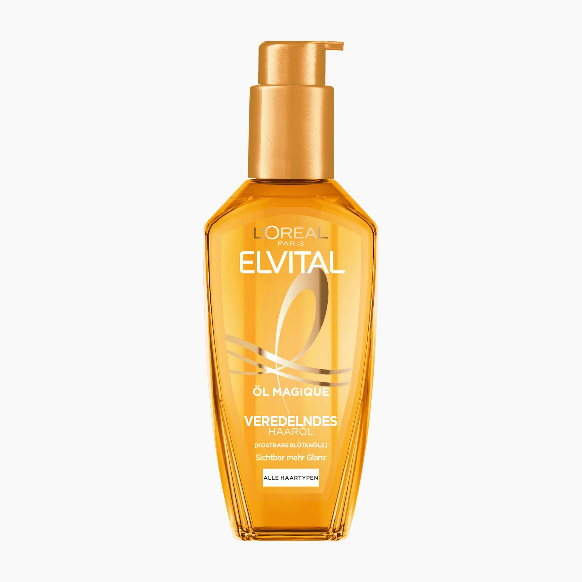 A bottle of L'Oreal Paris Elvital Oil Magic hair oil, featuring a golden amber liquid and a metallic gold pump dispenser, set against a plain white background.