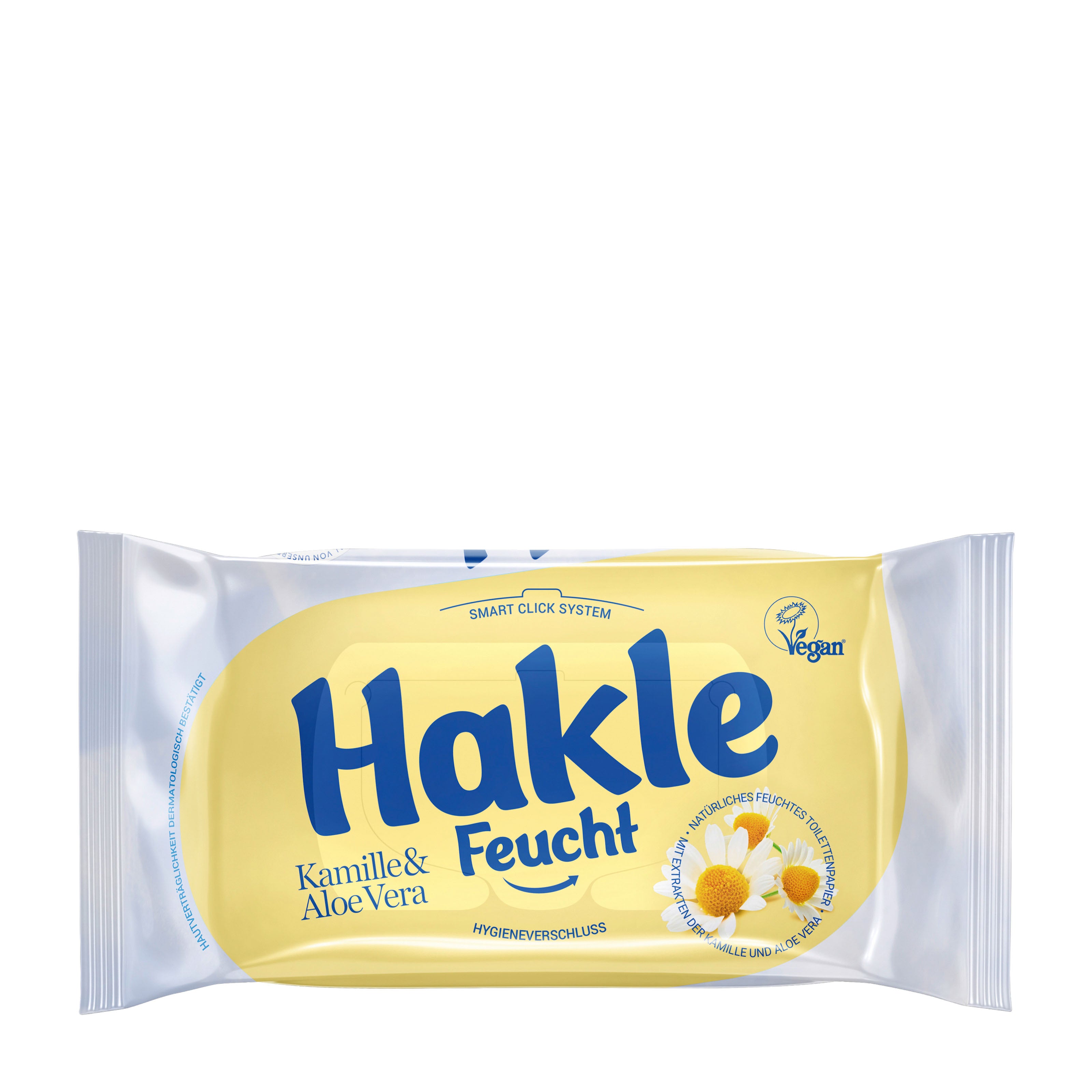 Hakle Chamomile & Aloe Vera moist toilet wipes packaging with white and yellow design on a white background