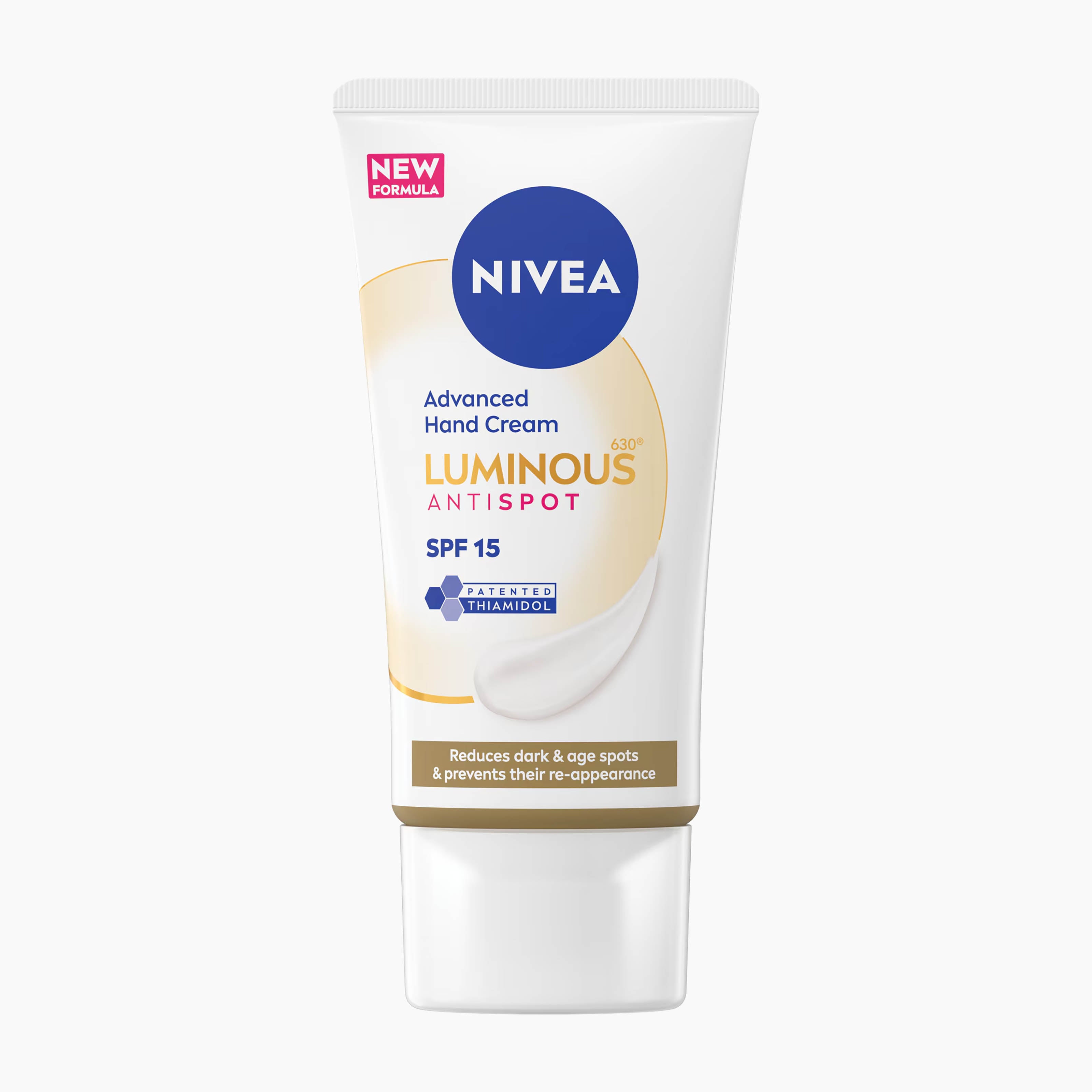 Nivea Advanced Hand Cream Luminous630 Antispot SPF 15 in a white squeeze tube with blue and gold branding, shown on a light gray background.