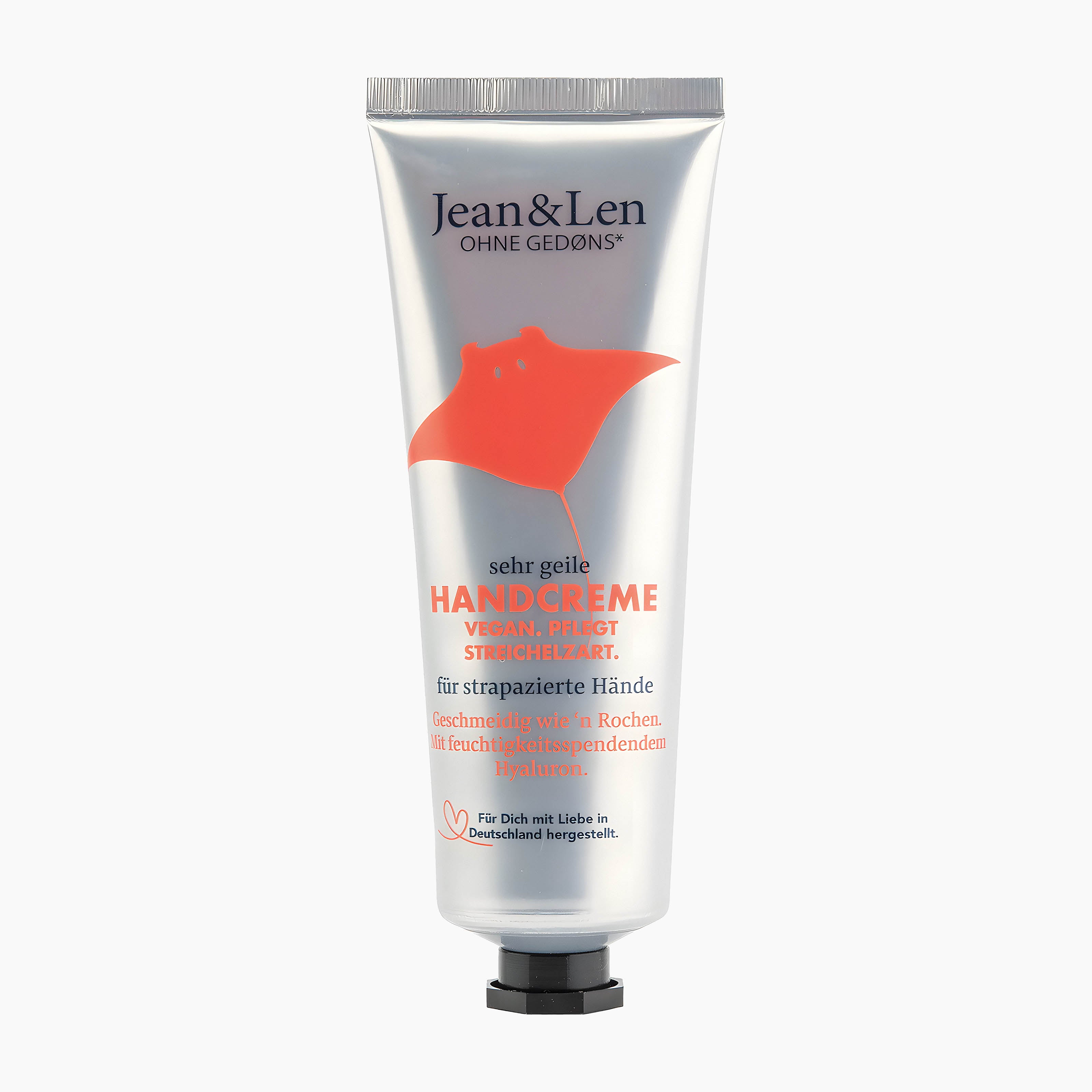Jean & Len Amazing hand cream in a silver squeeze tube with a red ray graphic and black cap, shown on a light gray background.
