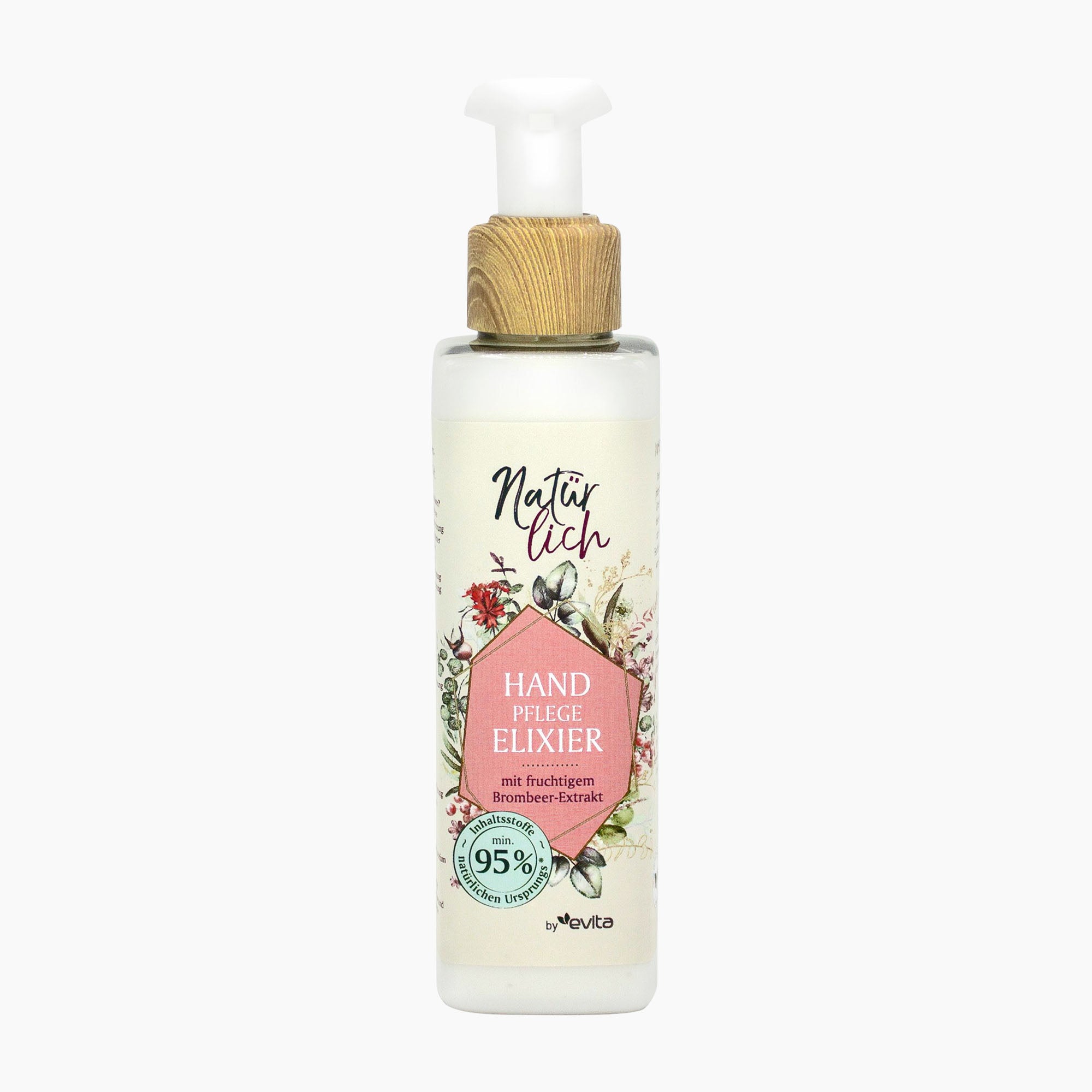 A bottle of Natürlich by evita Blackberry extract Hand Care Elixir with a white pump, a light wood-textured collar, and a cream-colored label decorated with pink and green botanical illustrations.